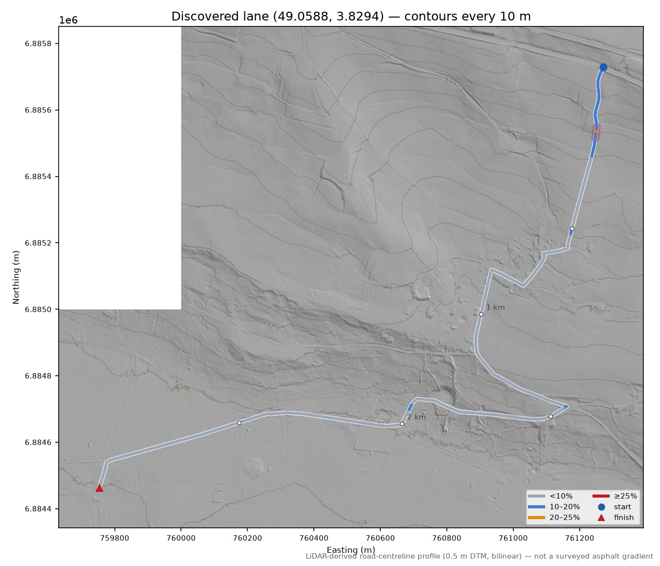Discovered lane (49.0588, 3.8294) LiDAR hillshade map with contours
