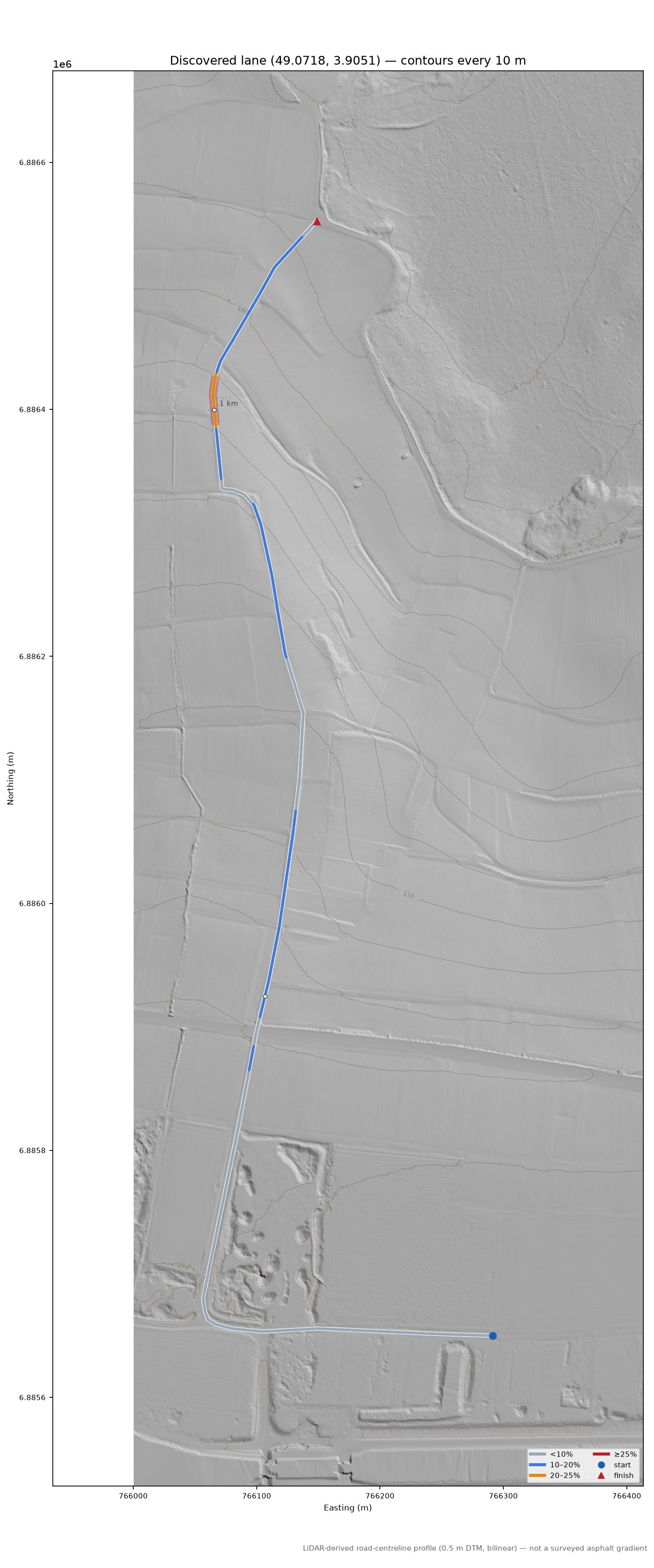 Discovered lane (49.0718, 3.9051) LiDAR hillshade map with contours