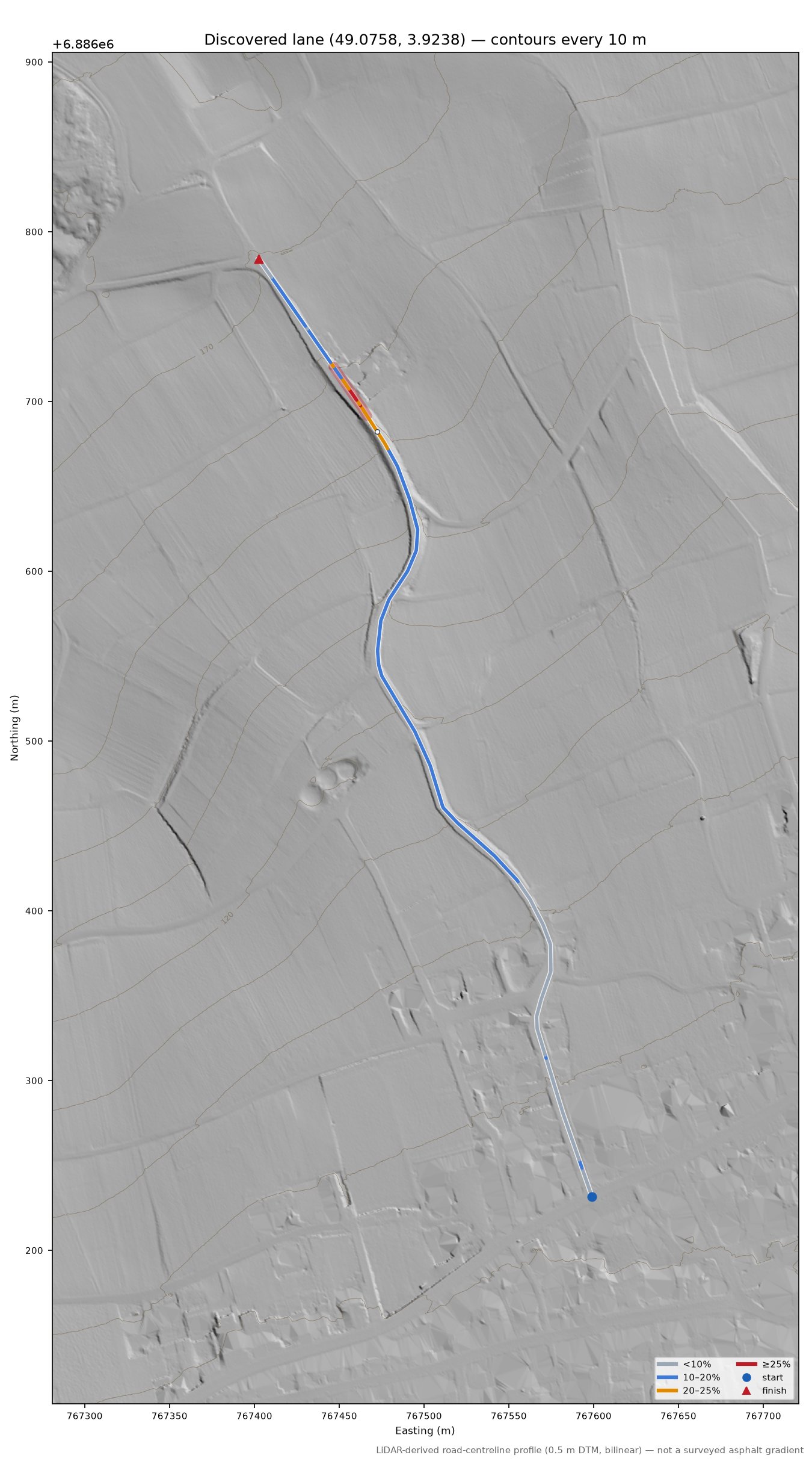 Discovered lane (49.0758, 3.9238) LiDAR hillshade map with contours
