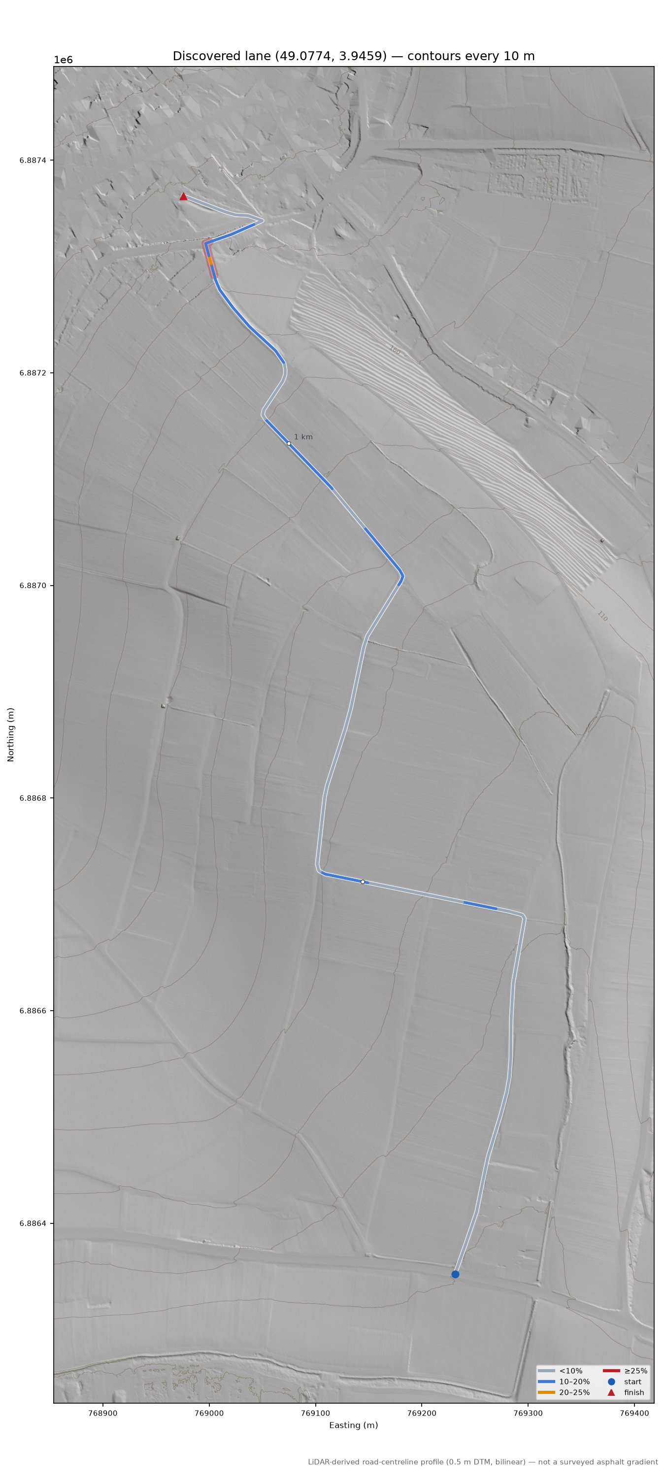 Discovered lane (49.0774, 3.9459) LiDAR hillshade map with contours