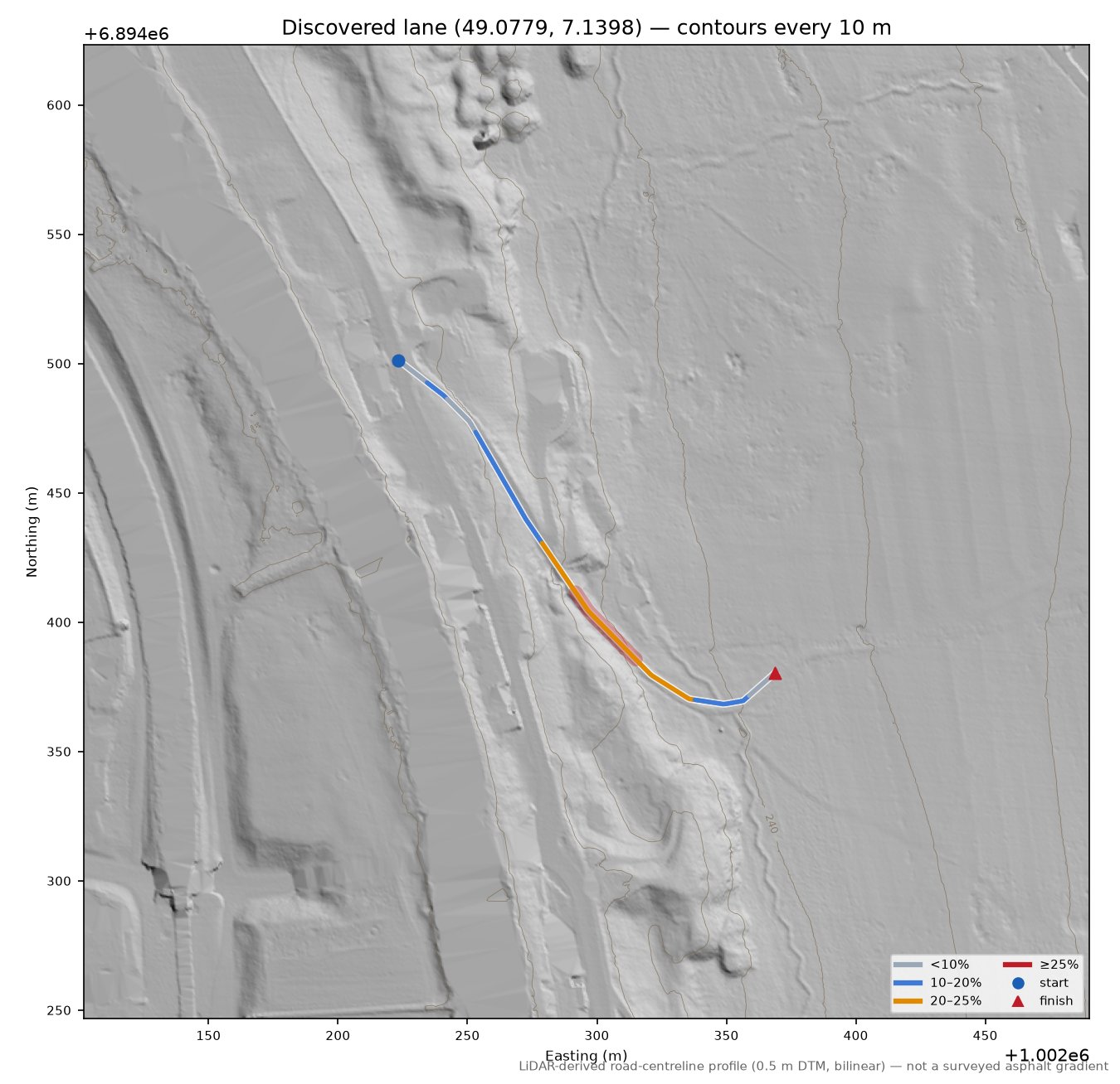 Discovered lane (49.0779, 7.1398) LiDAR hillshade map with contours