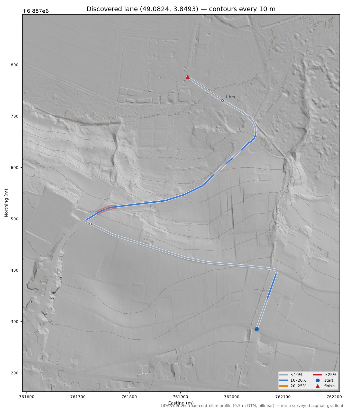 Discovered lane (49.0824, 3.8493) LiDAR hillshade map with contours