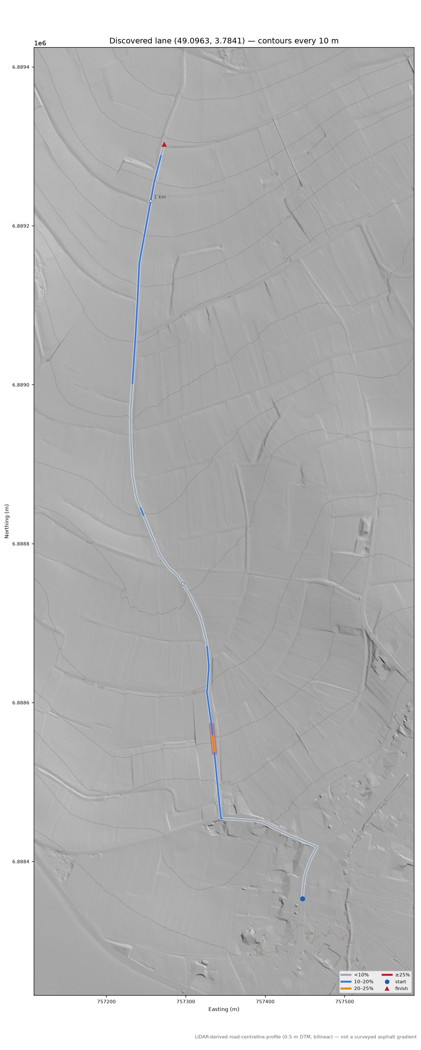 Discovered lane (49.0963, 3.7841) LiDAR hillshade map with contours