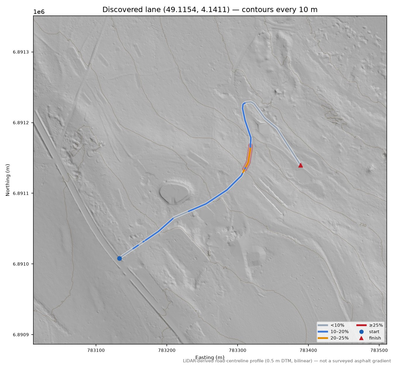 Discovered lane (49.1154, 4.1411) LiDAR hillshade map with contours