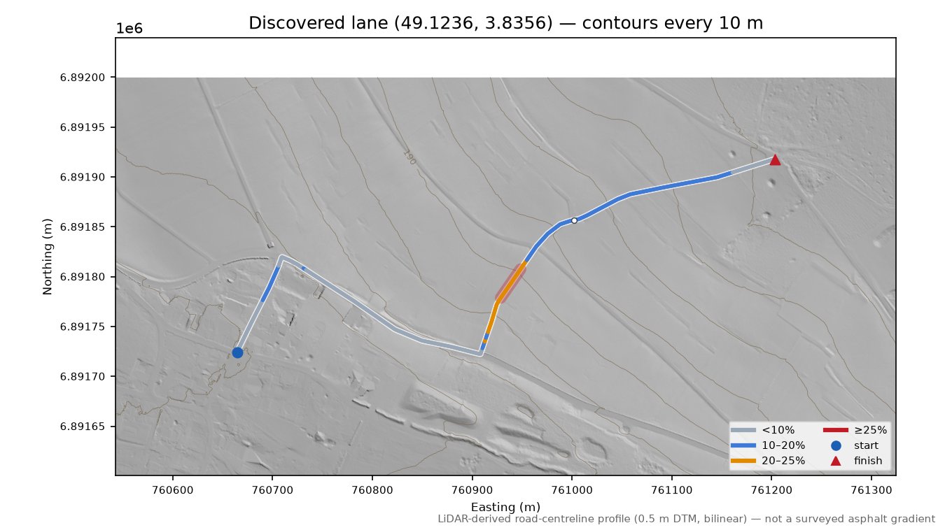 Discovered lane (49.1236, 3.8356) LiDAR hillshade map with contours