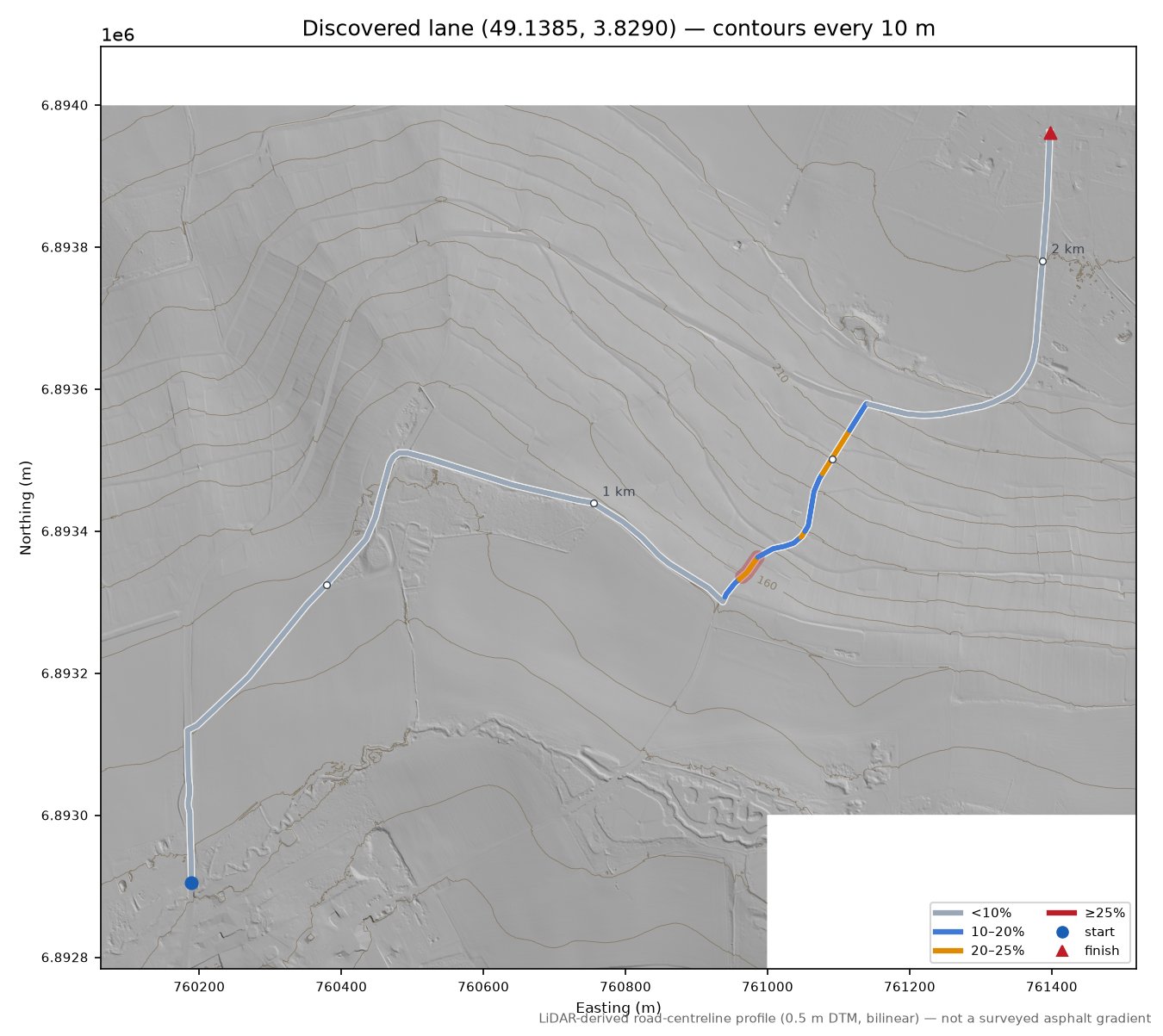 Discovered lane (49.1385, 3.8290) LiDAR hillshade map with contours