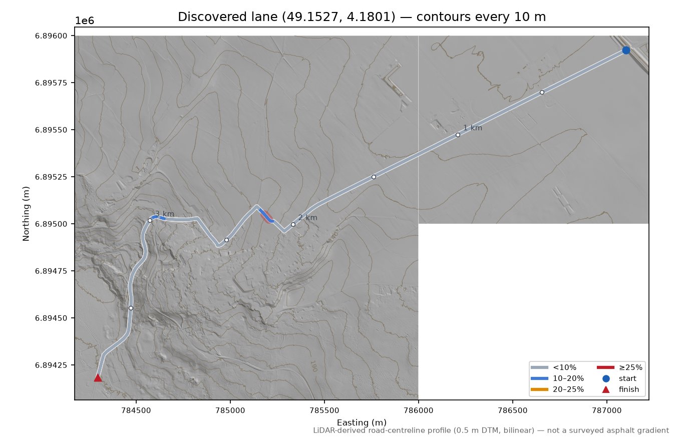 Discovered lane (49.1527, 4.1801) LiDAR hillshade map with contours