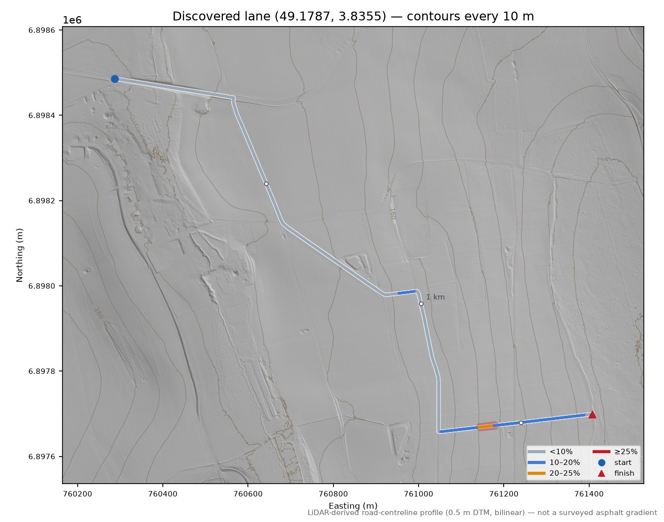 Discovered lane (49.1787, 3.8355) LiDAR hillshade map with contours