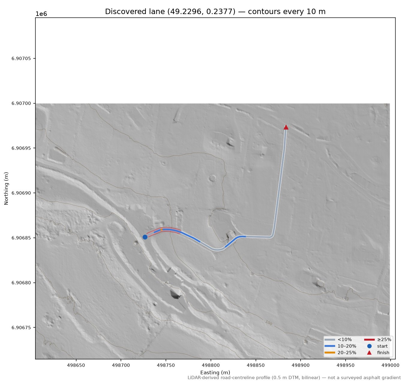 Discovered lane (49.2296, 0.2377) LiDAR hillshade map with contours
