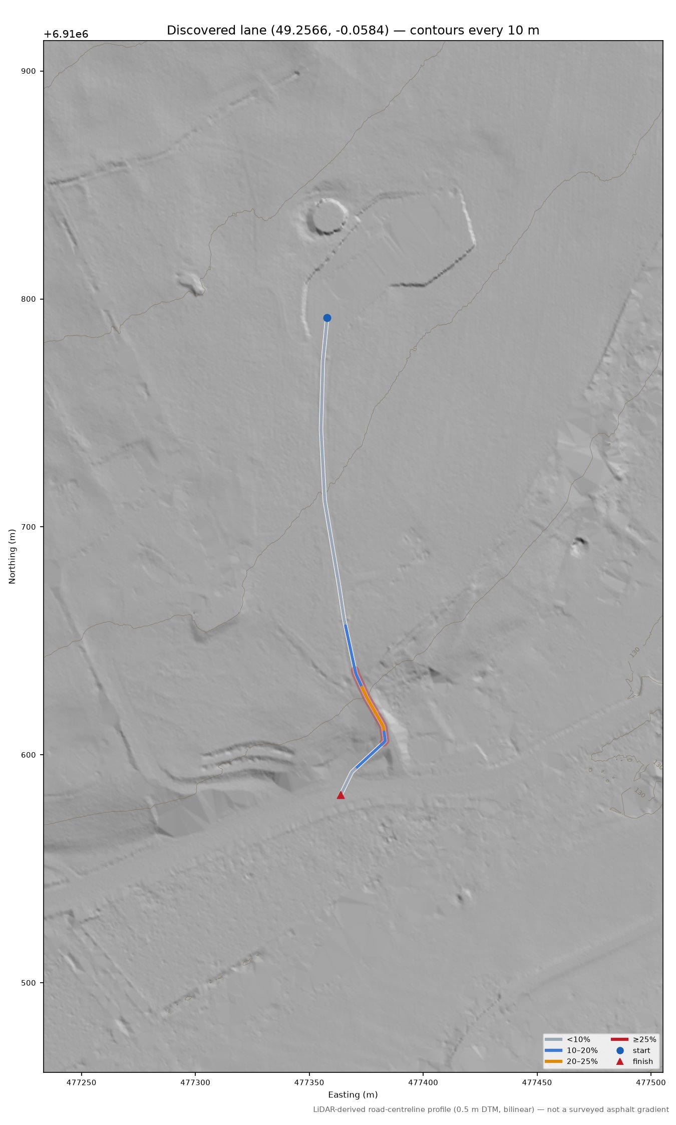 Discovered lane (49.2566, -0.0584) LiDAR hillshade map with contours