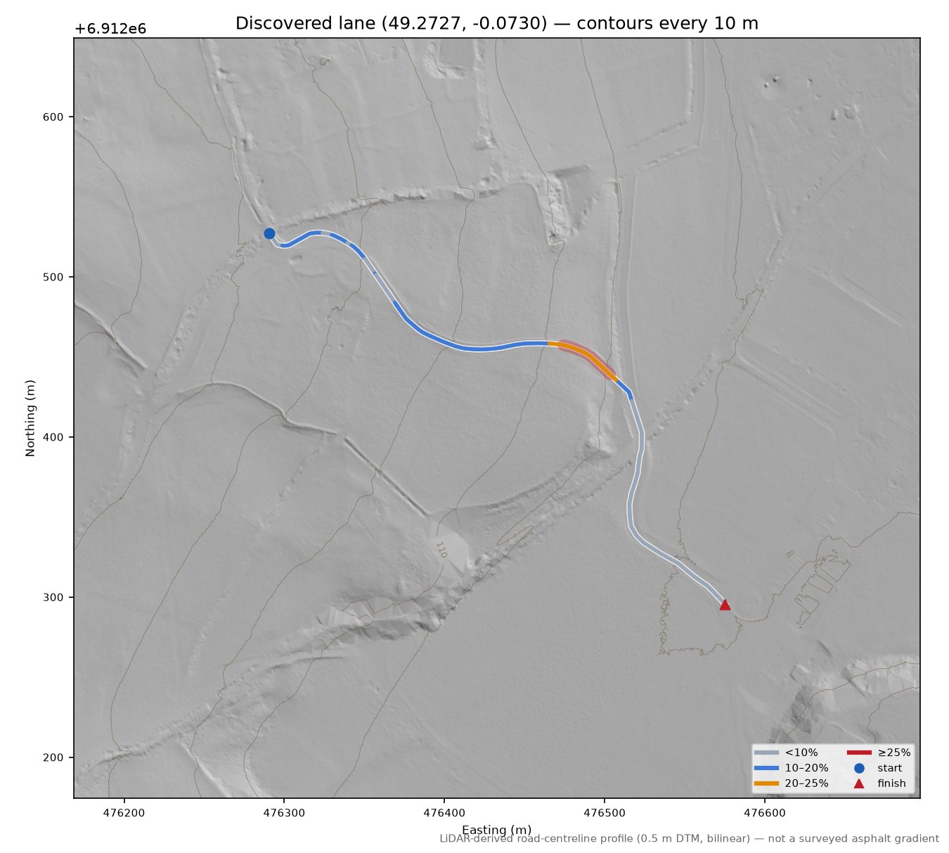 Discovered lane (49.2727, -0.0730) LiDAR hillshade map with contours