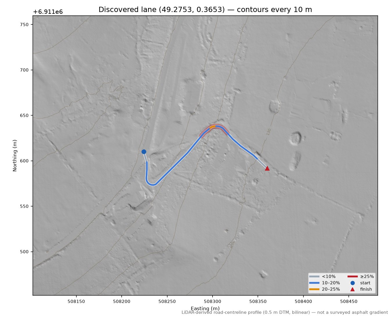 Discovered lane (49.2753, 0.3653) LiDAR hillshade map with contours