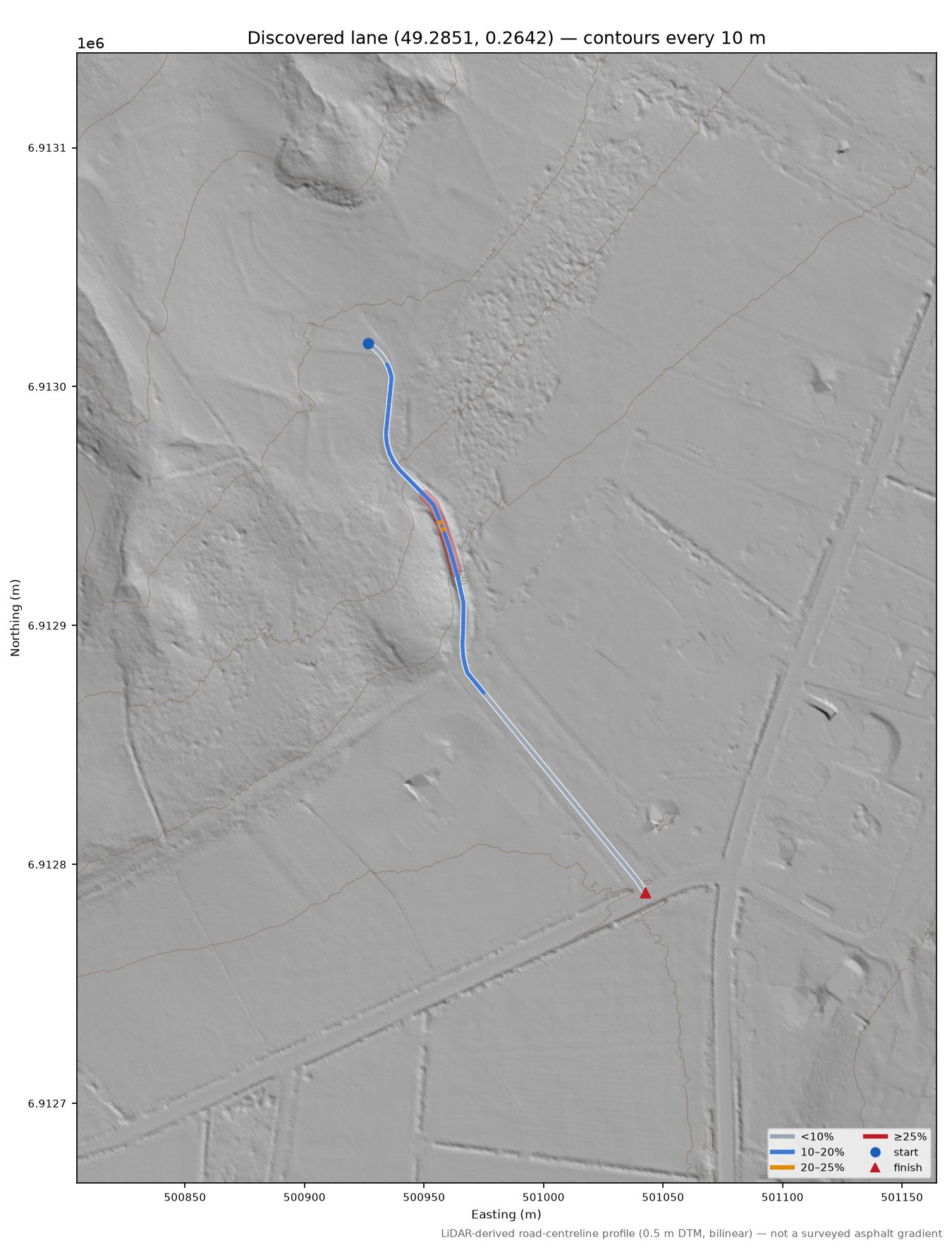 Discovered lane (49.2851, 0.2642) LiDAR hillshade map with contours