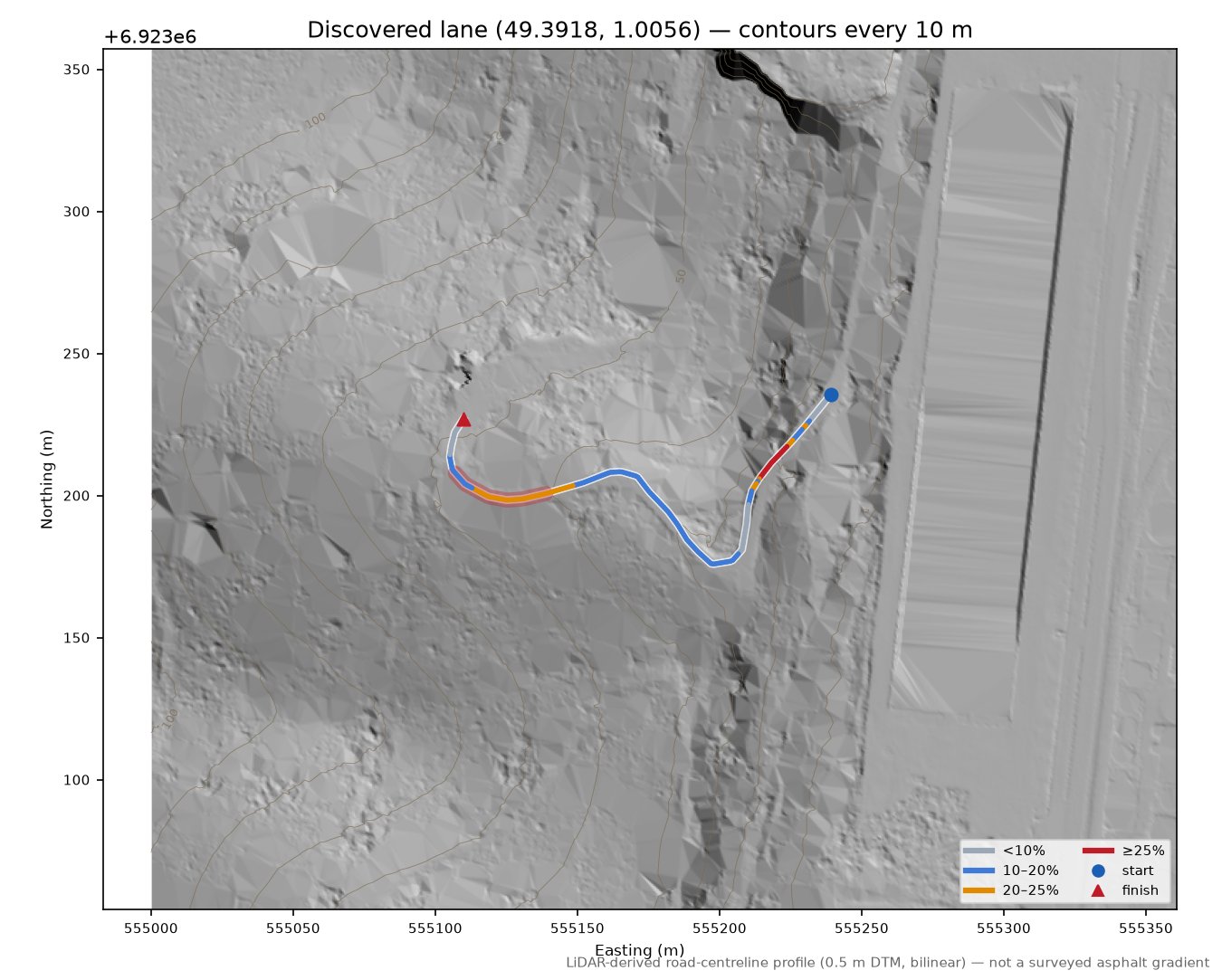 Discovered lane (49.3918, 1.0056) LiDAR hillshade map with contours