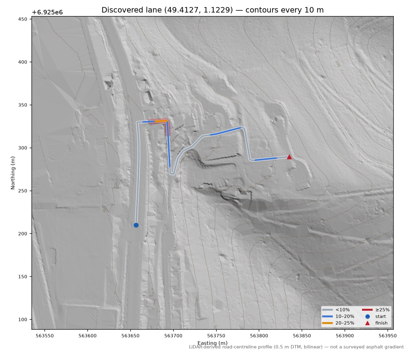 Discovered lane (49.4127, 1.1229) LiDAR hillshade map with contours