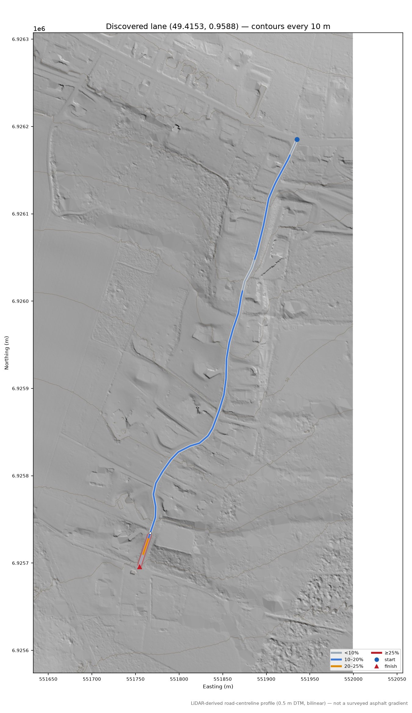 Discovered lane (49.4153, 0.9588) LiDAR hillshade map with contours