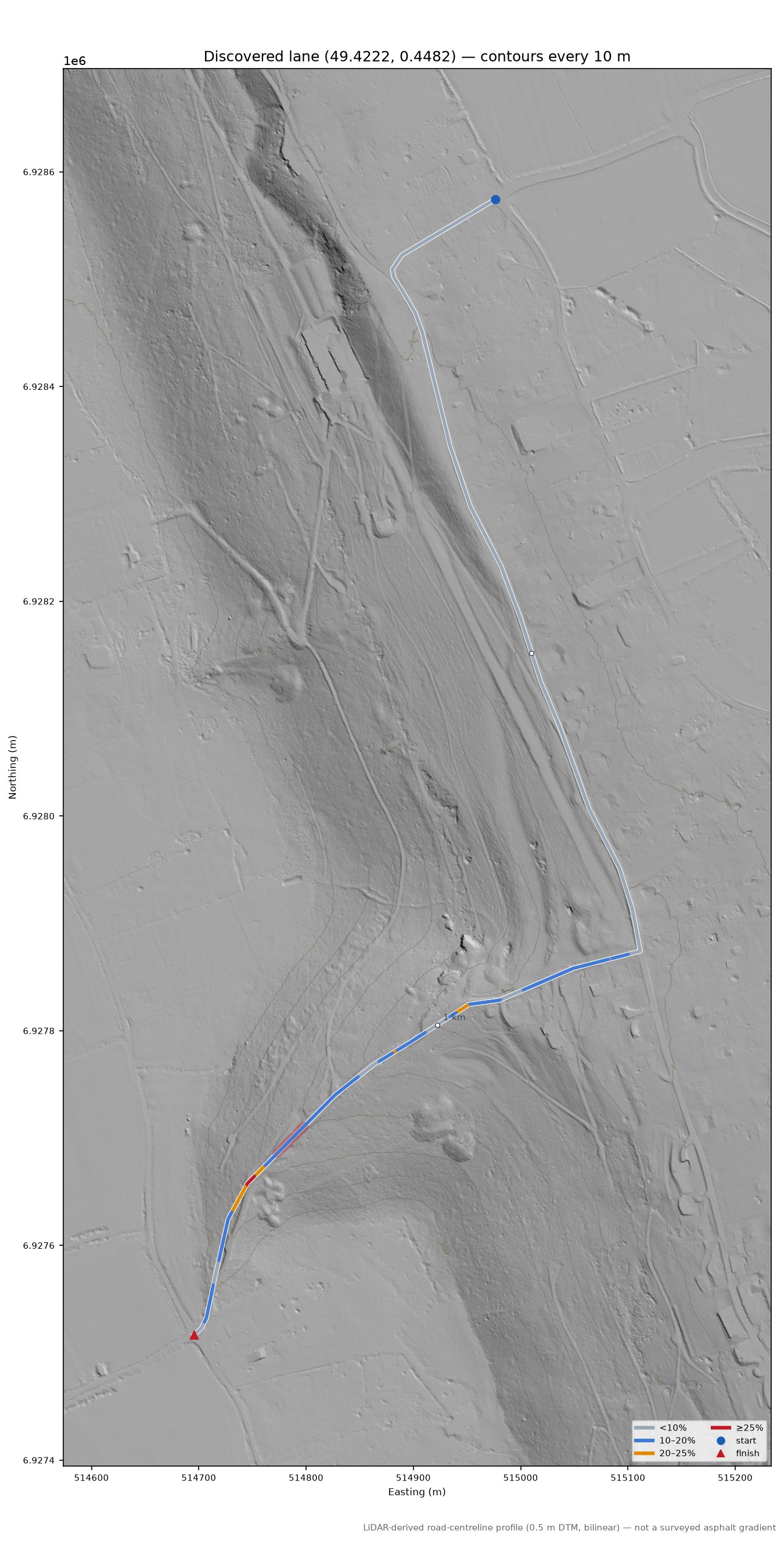 Discovered lane (49.4222, 0.4482) LiDAR hillshade map with contours