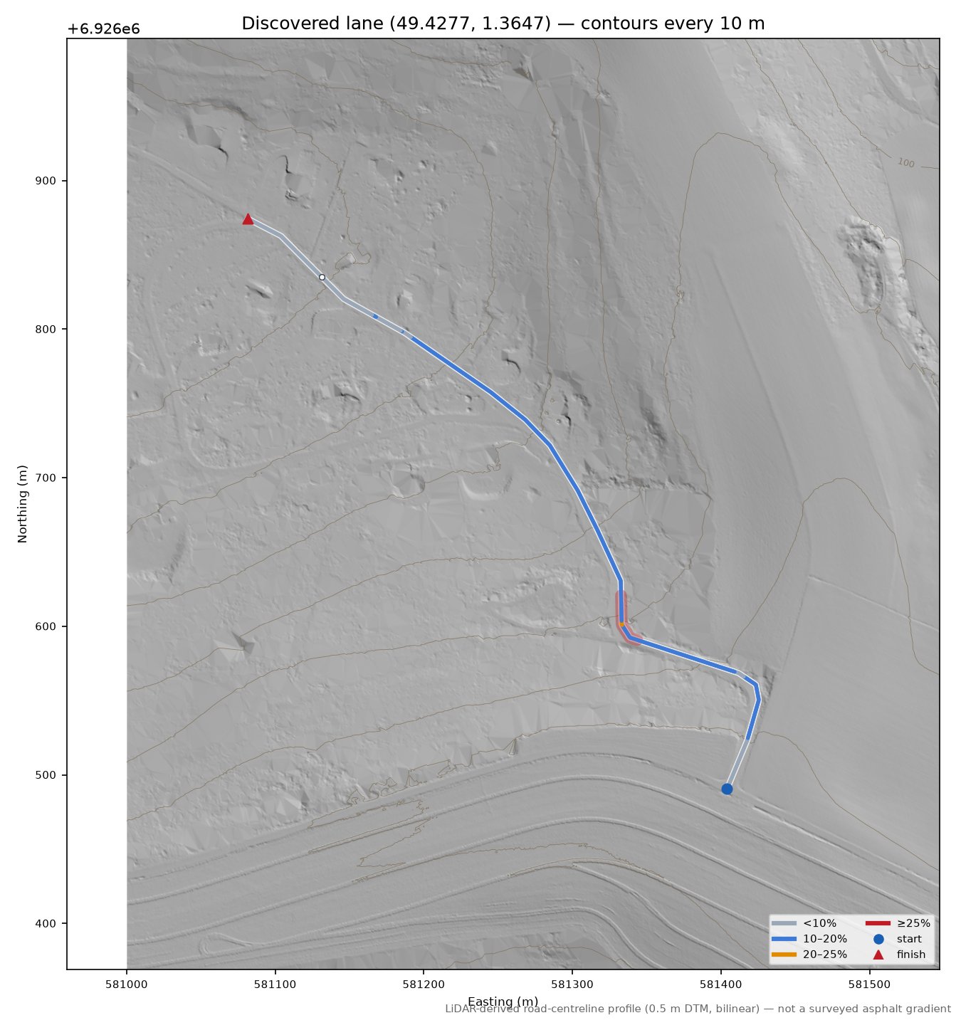Discovered lane (49.4277, 1.3647) LiDAR hillshade map with contours