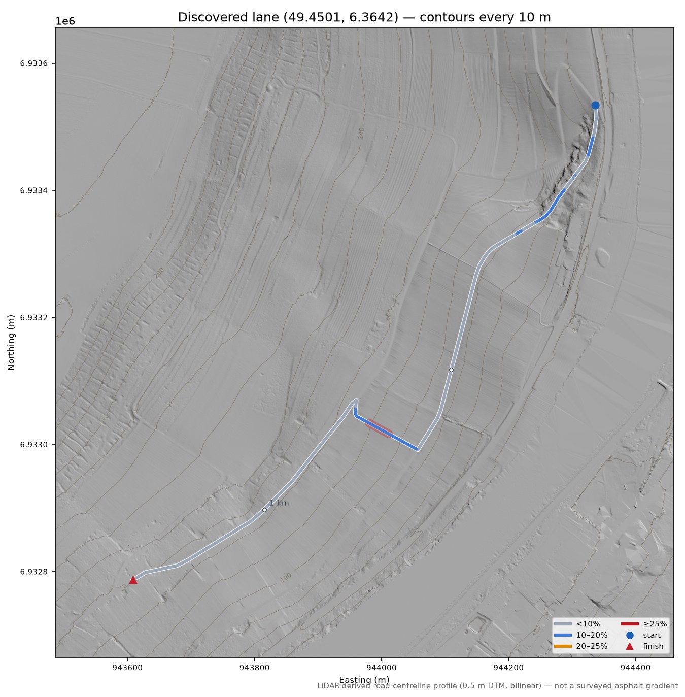 Discovered lane (49.4501, 6.3642) LiDAR hillshade map with contours