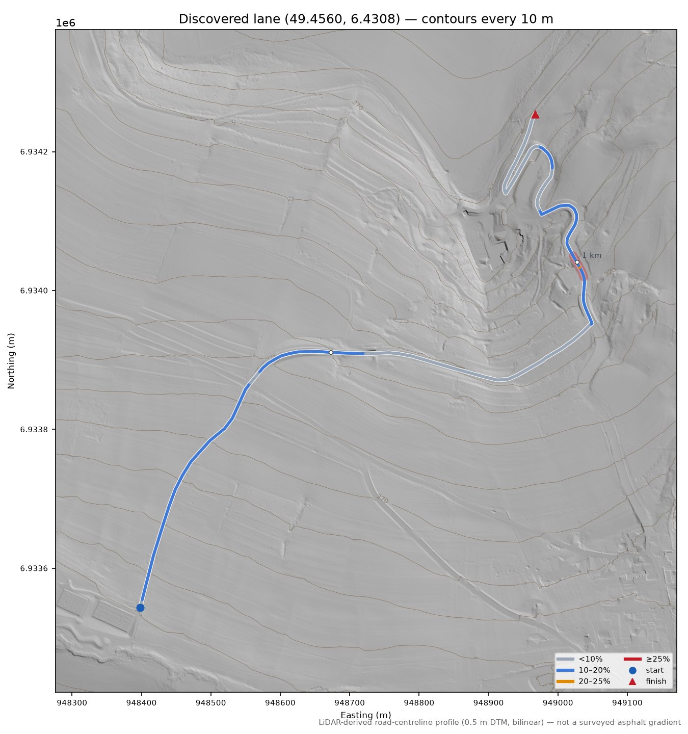 Discovered lane (49.4560, 6.4308) LiDAR hillshade map with contours