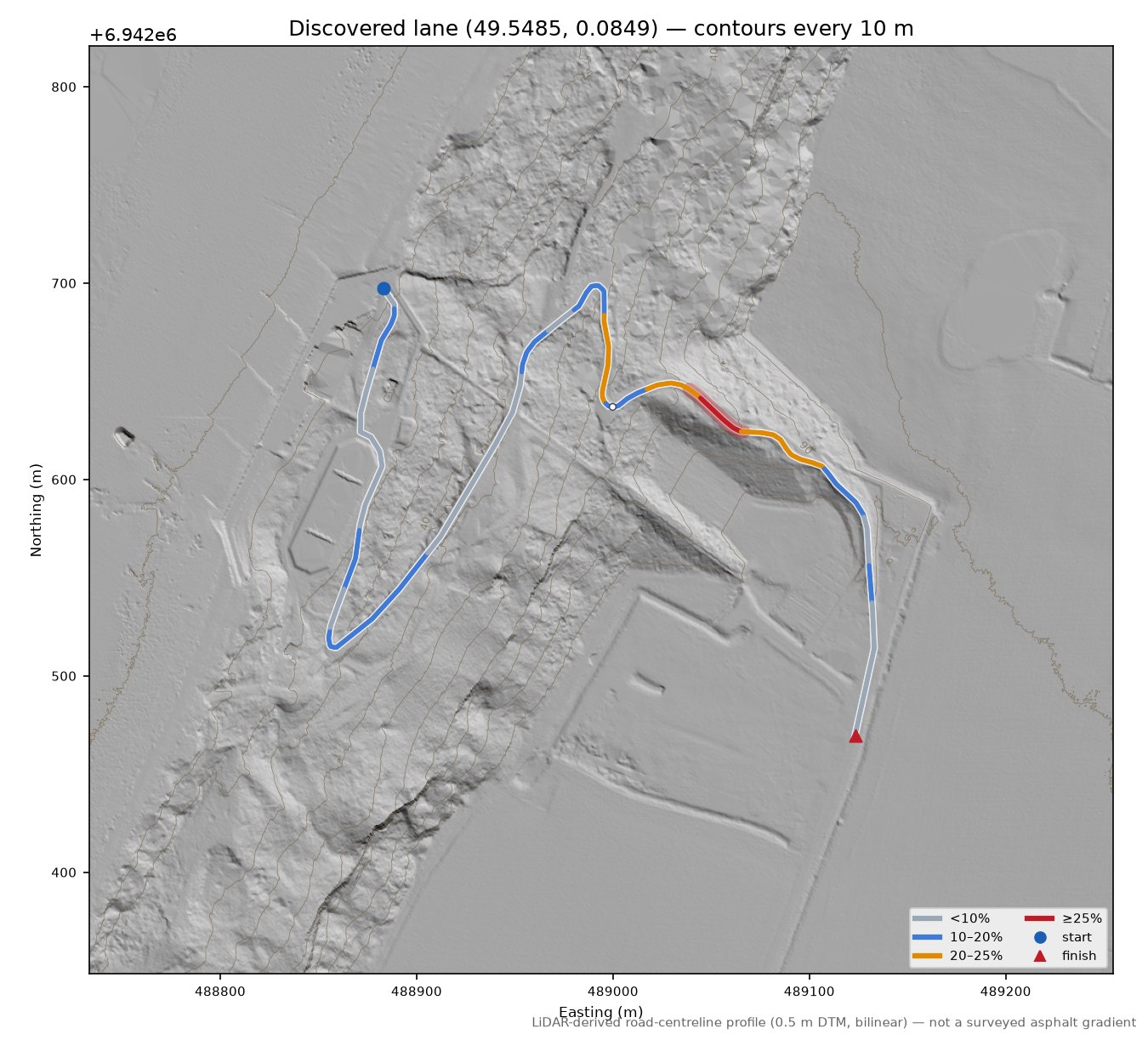 Discovered lane (49.5485, 0.0849) LiDAR hillshade map with contours