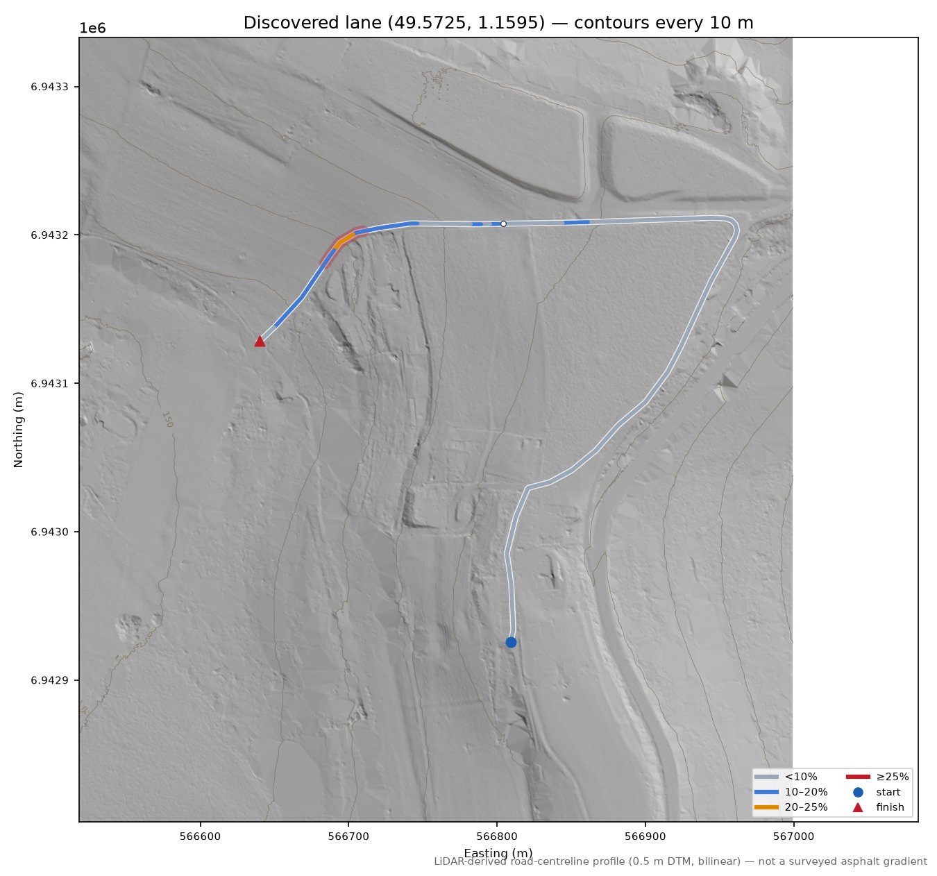 Discovered lane (49.5725, 1.1595) LiDAR hillshade map with contours