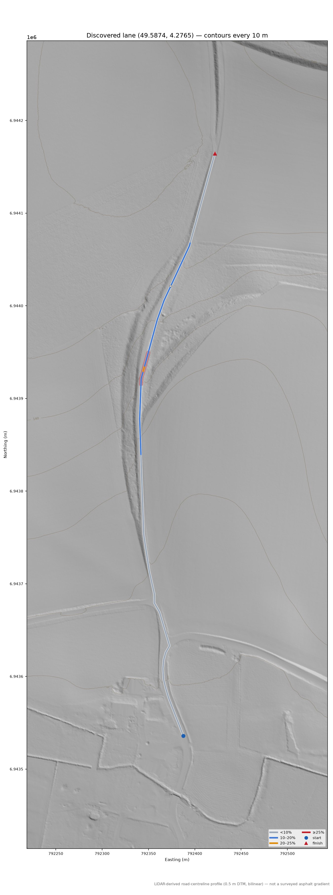 Discovered lane (49.5874, 4.2765) LiDAR hillshade map with contours