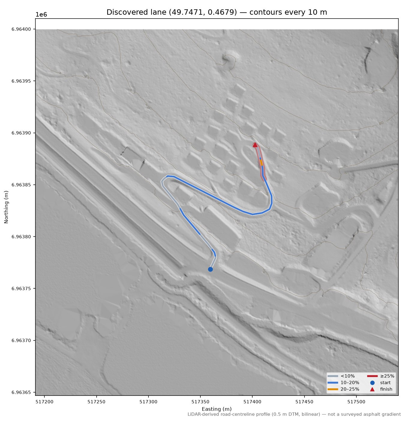 Discovered lane (49.7471, 0.4679) LiDAR hillshade map with contours