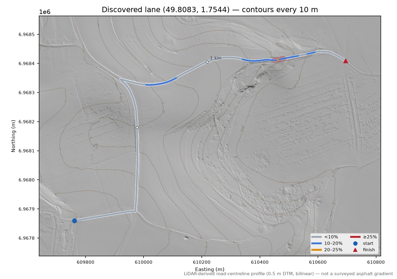 Discovered lane (49.8083, 1.7544) LiDAR hillshade map with contours