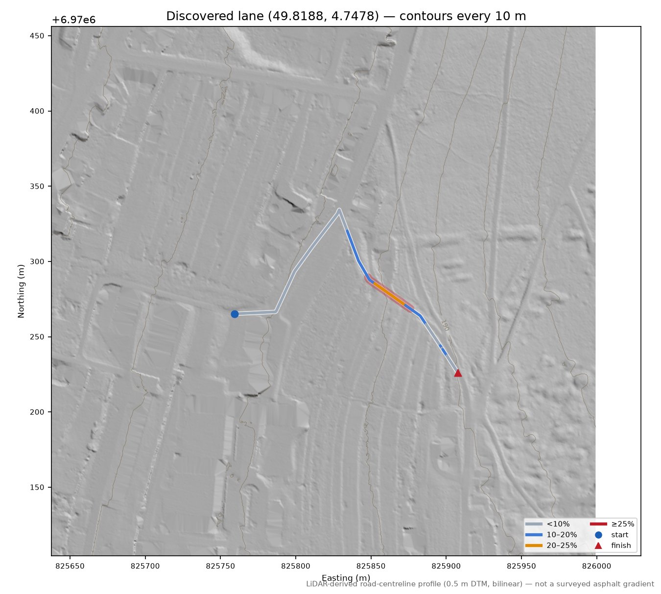 Discovered lane (49.8188, 4.7478) LiDAR hillshade map with contours
