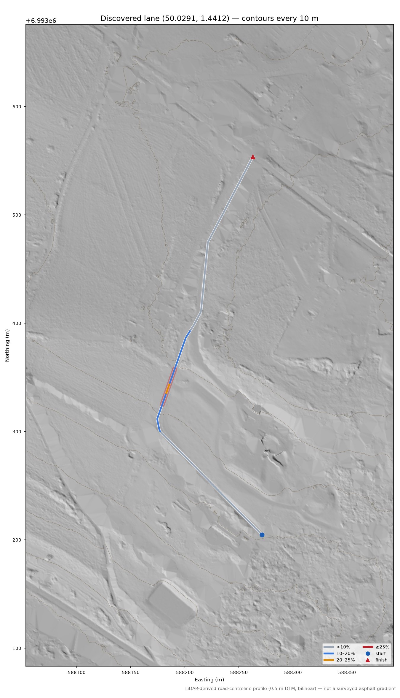 Discovered lane (50.0291, 1.4412) LiDAR hillshade map with contours