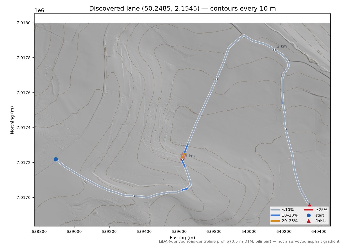 Discovered lane (50.2485, 2.1545) LiDAR hillshade map with contours