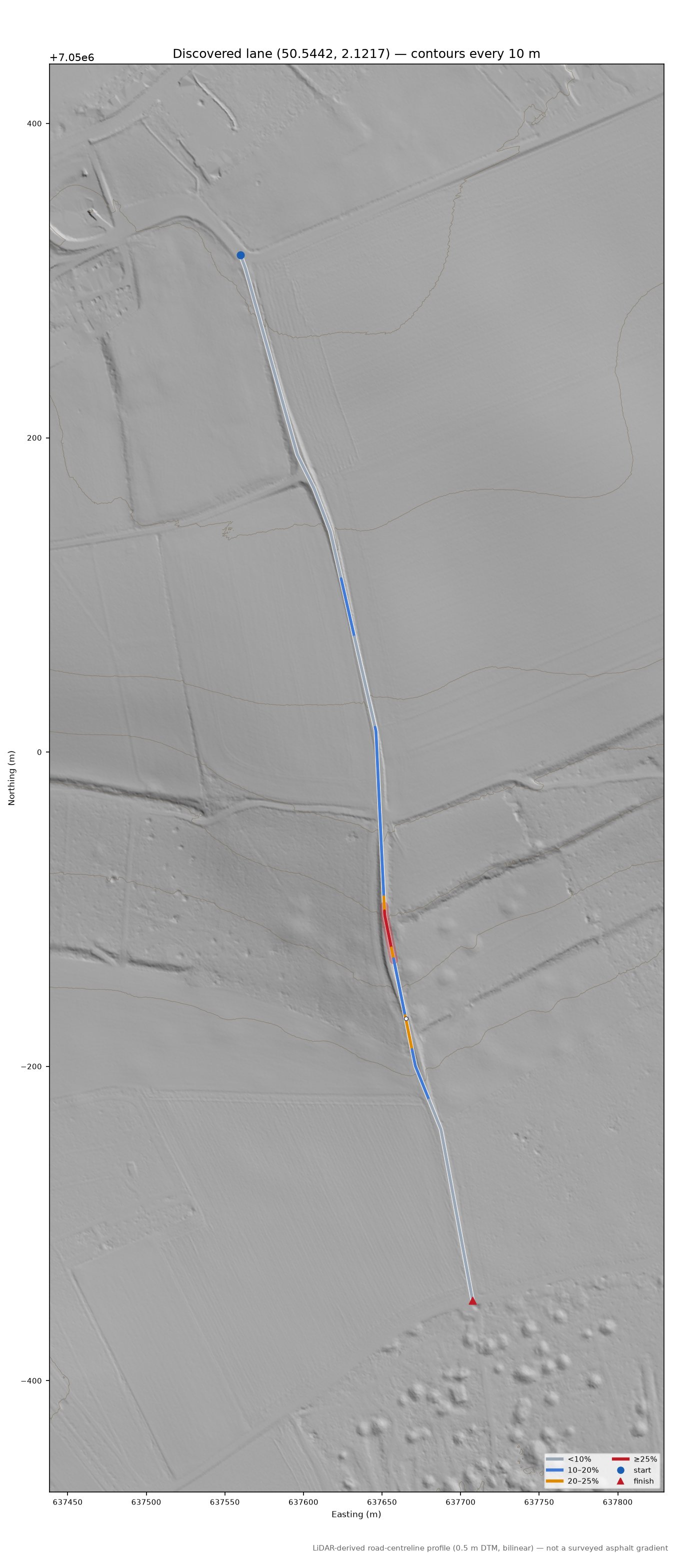 Discovered lane (50.5442, 2.1217) LiDAR hillshade map with contours