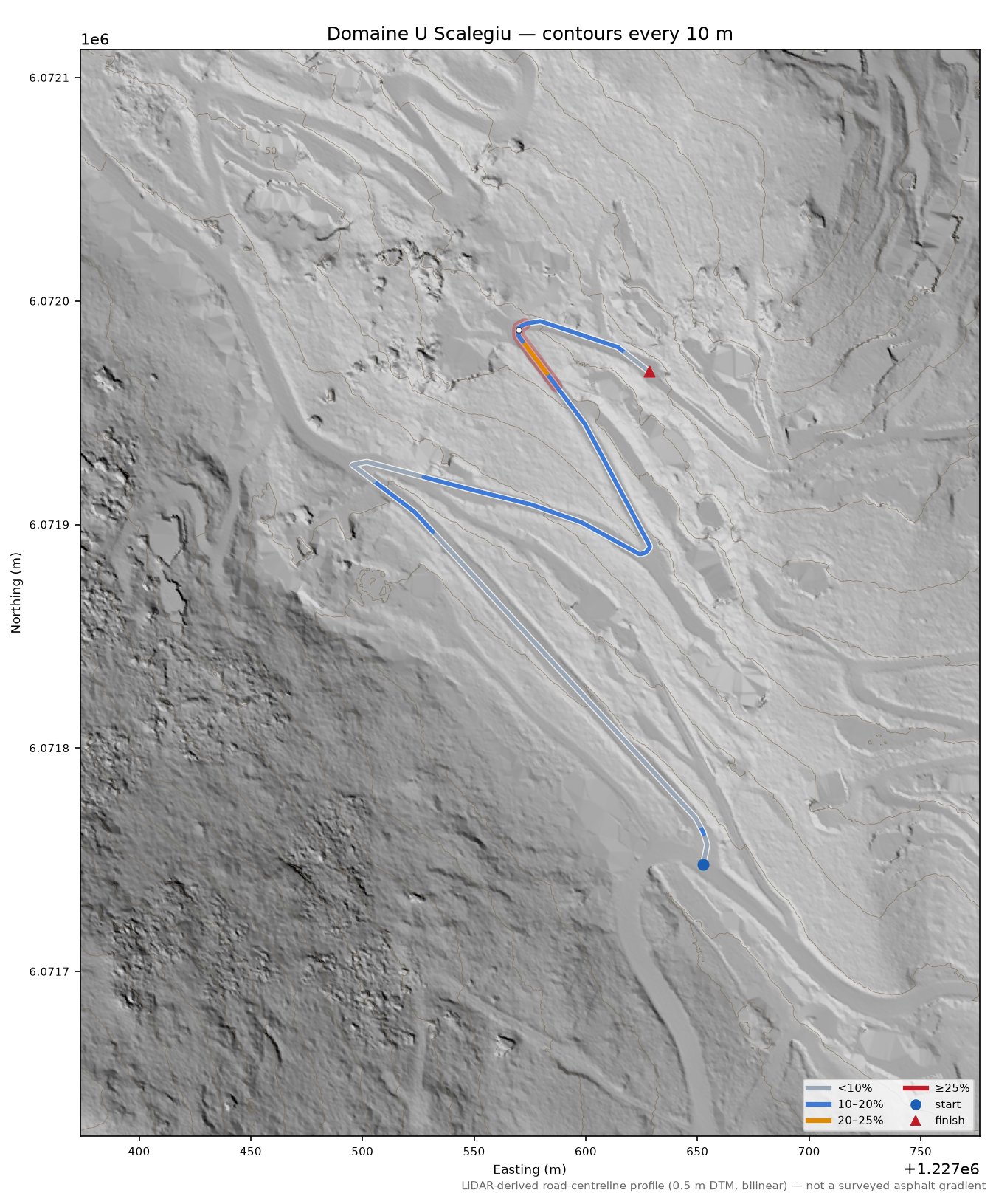 Domaine U Scalegiu LiDAR hillshade map with contours
