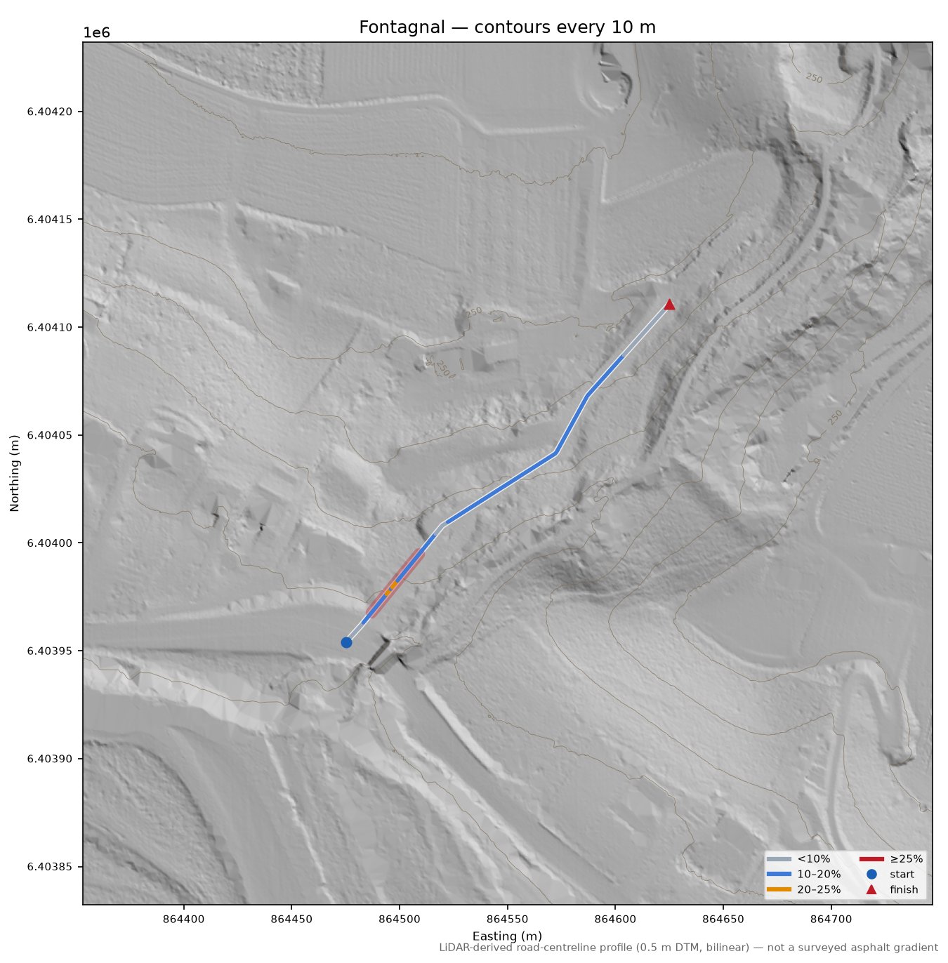 Fontagnal LiDAR hillshade map with contours