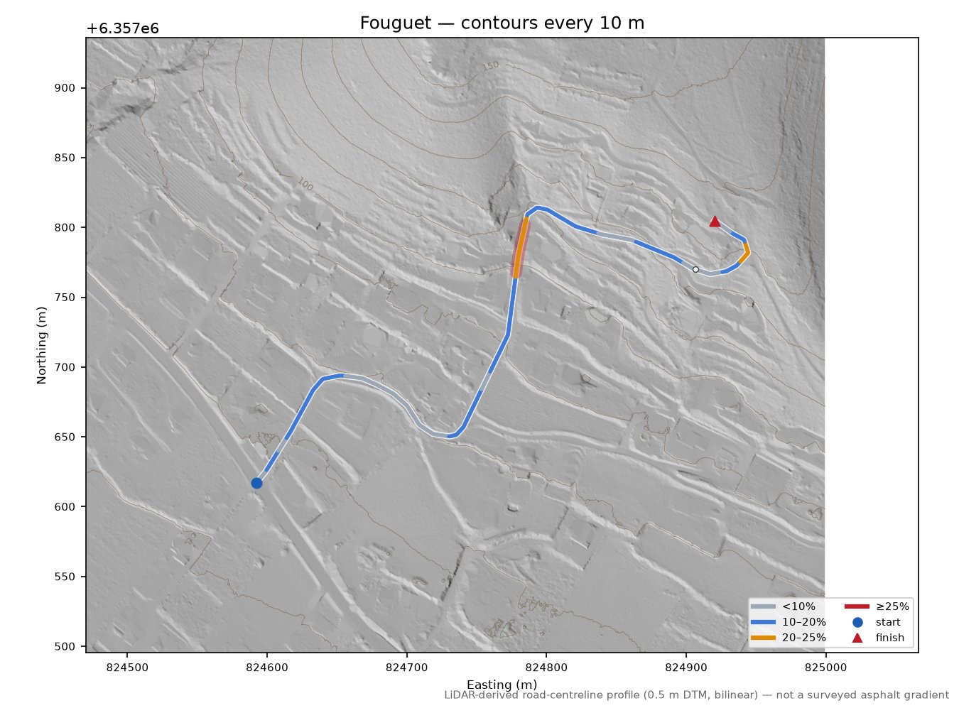 Fouguet LiDAR hillshade map with contours