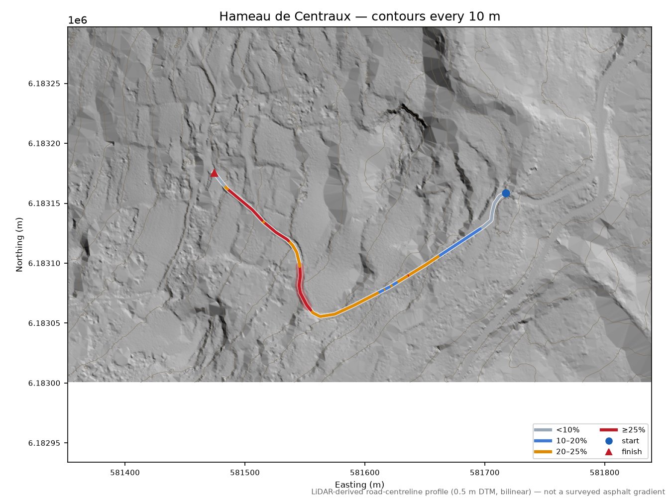 Hameau de Centraux LiDAR hillshade map with contours