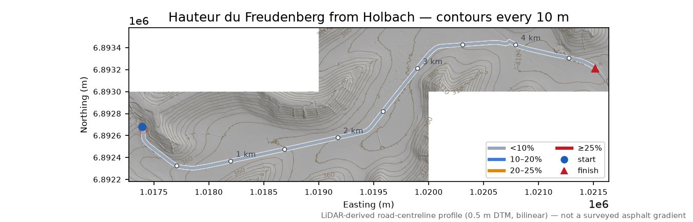 Hauteur du Freudenberg from Holbach LiDAR hillshade map with contours