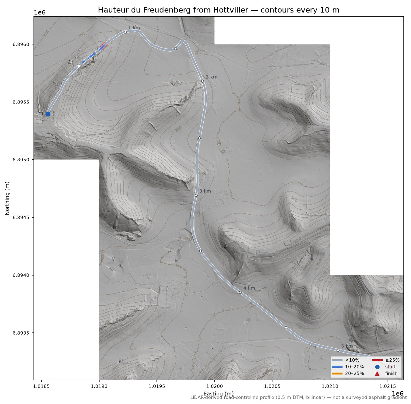 Hauteur du Freudenberg from Hottviller LiDAR hillshade map with contours