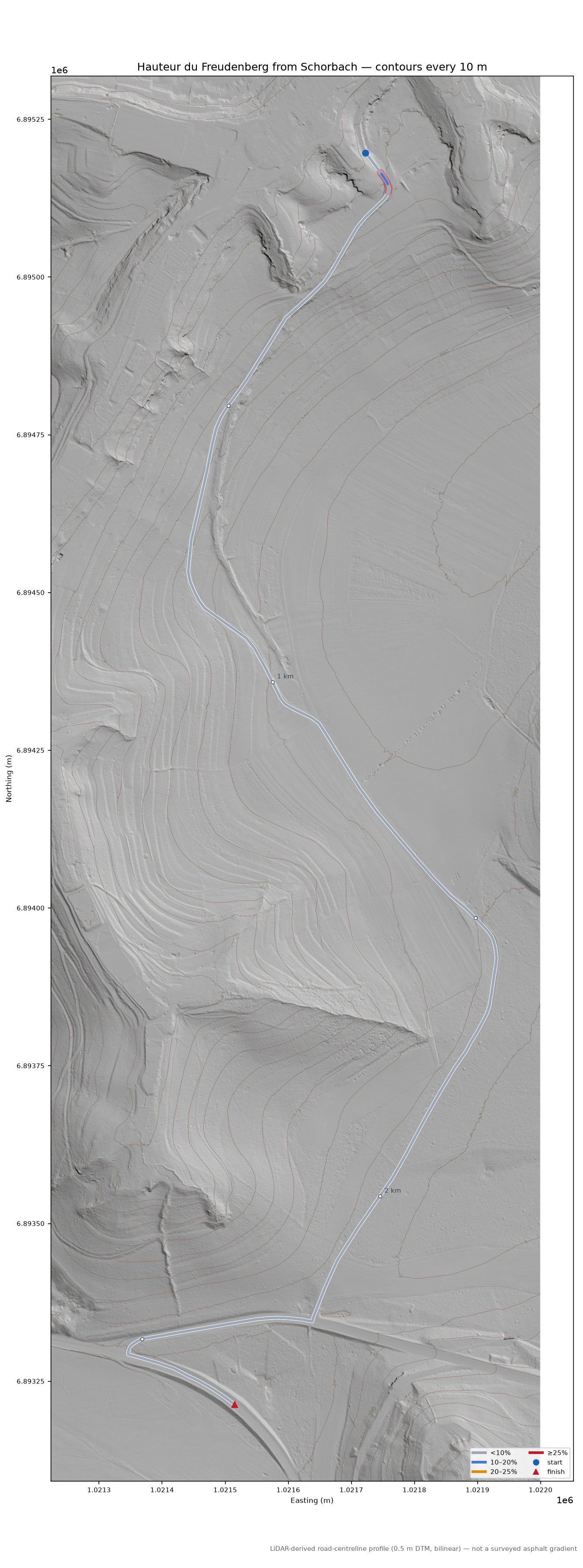 Hauteur du Freudenberg from Schorbach LiDAR hillshade map with contours