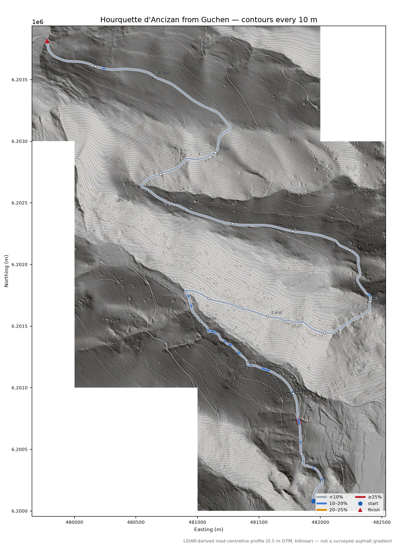 Hourquette d'Ancizan from Guchen LiDAR hillshade map with contours