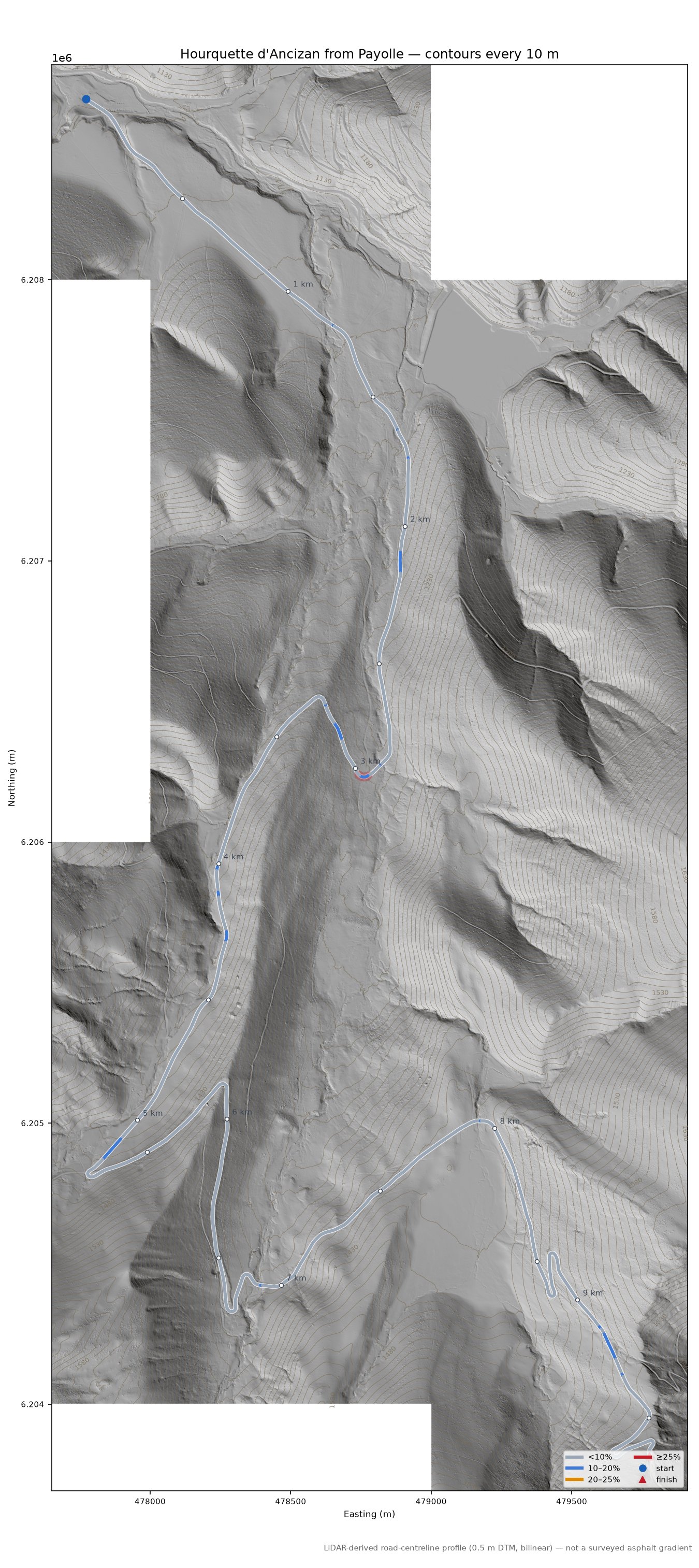 Hourquette d'Ancizan from Payolle LiDAR hillshade map with contours