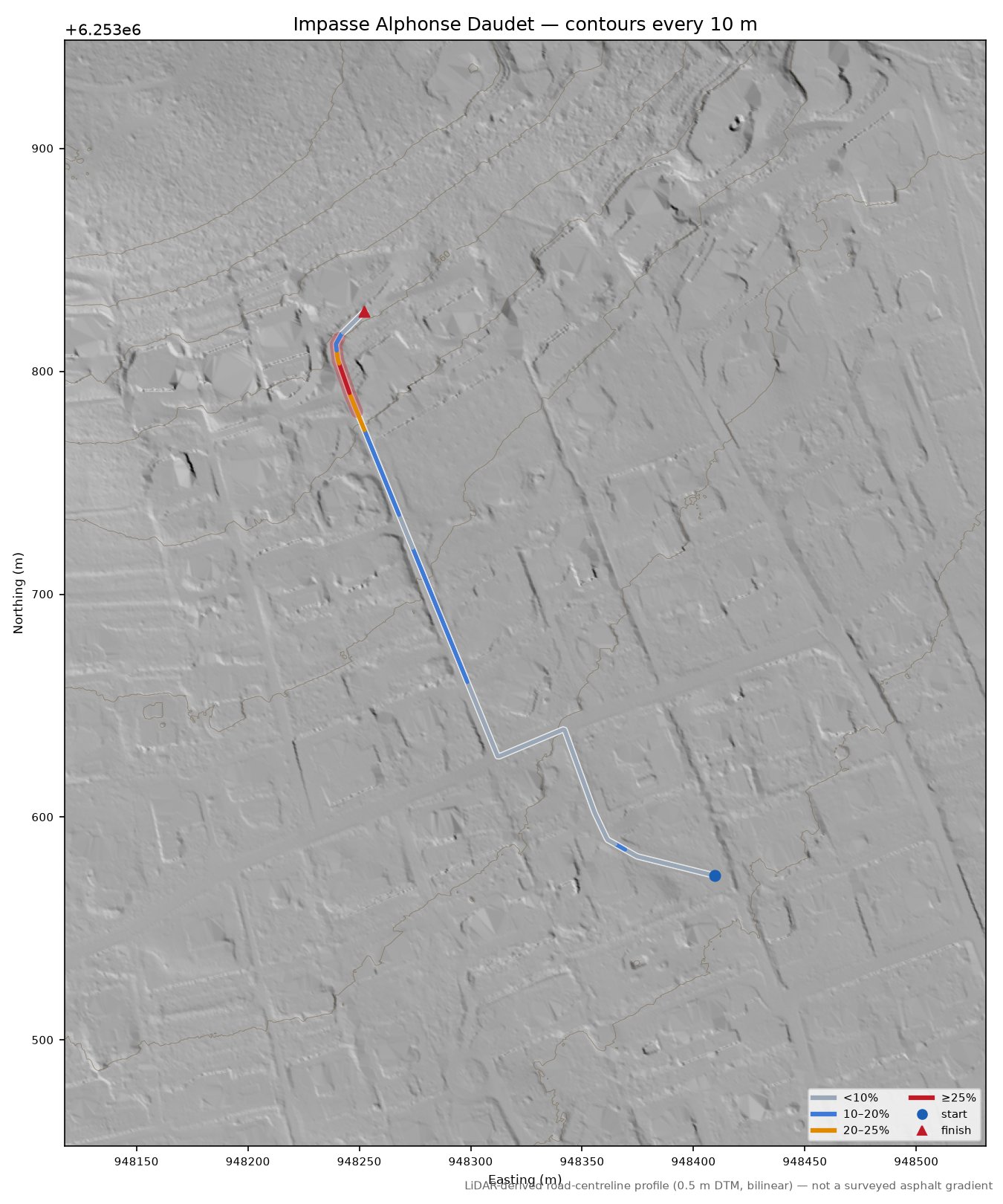 Impasse Alphonse Daudet LiDAR hillshade map with contours