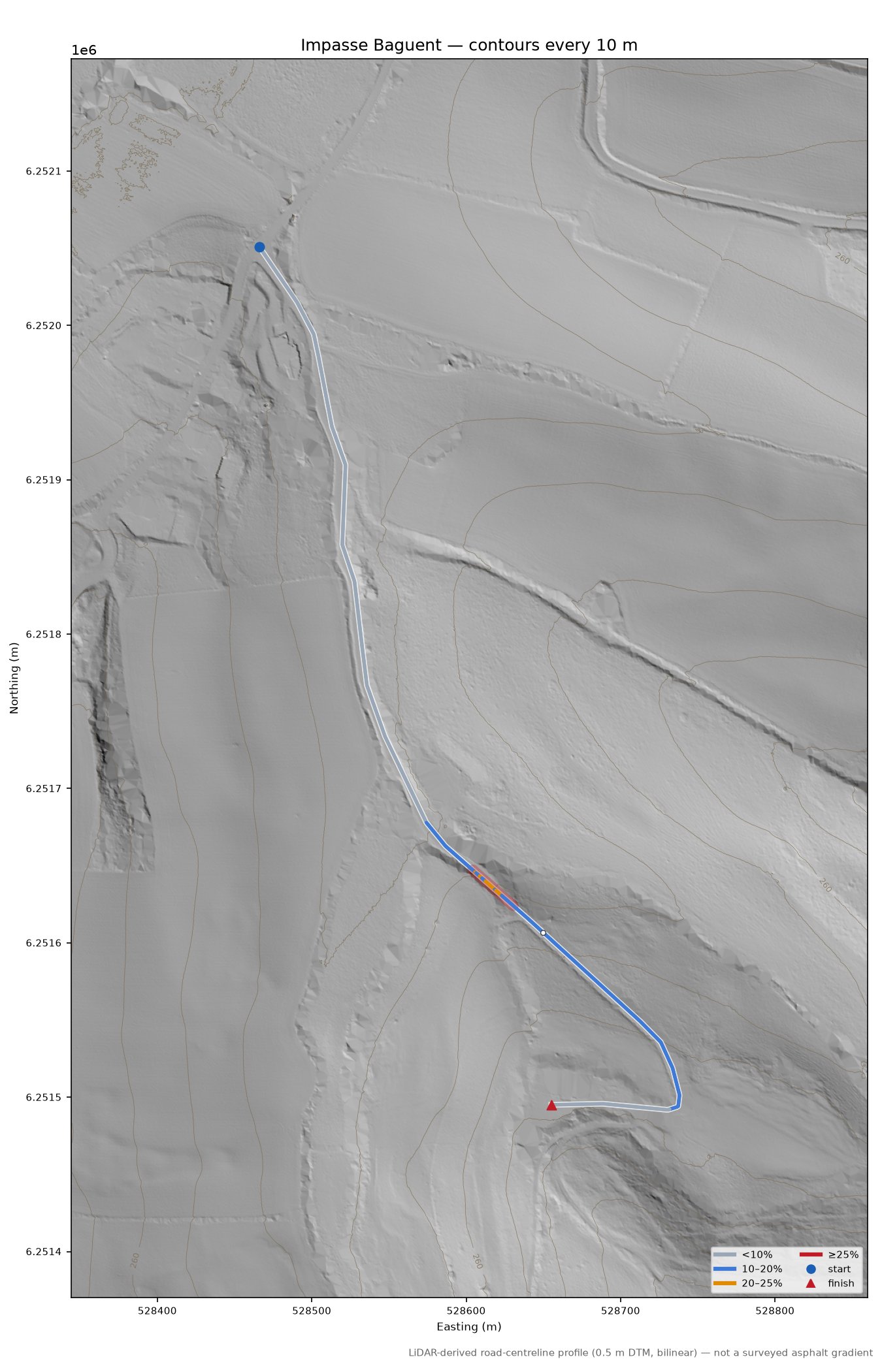 Impasse Baguent LiDAR hillshade map with contours