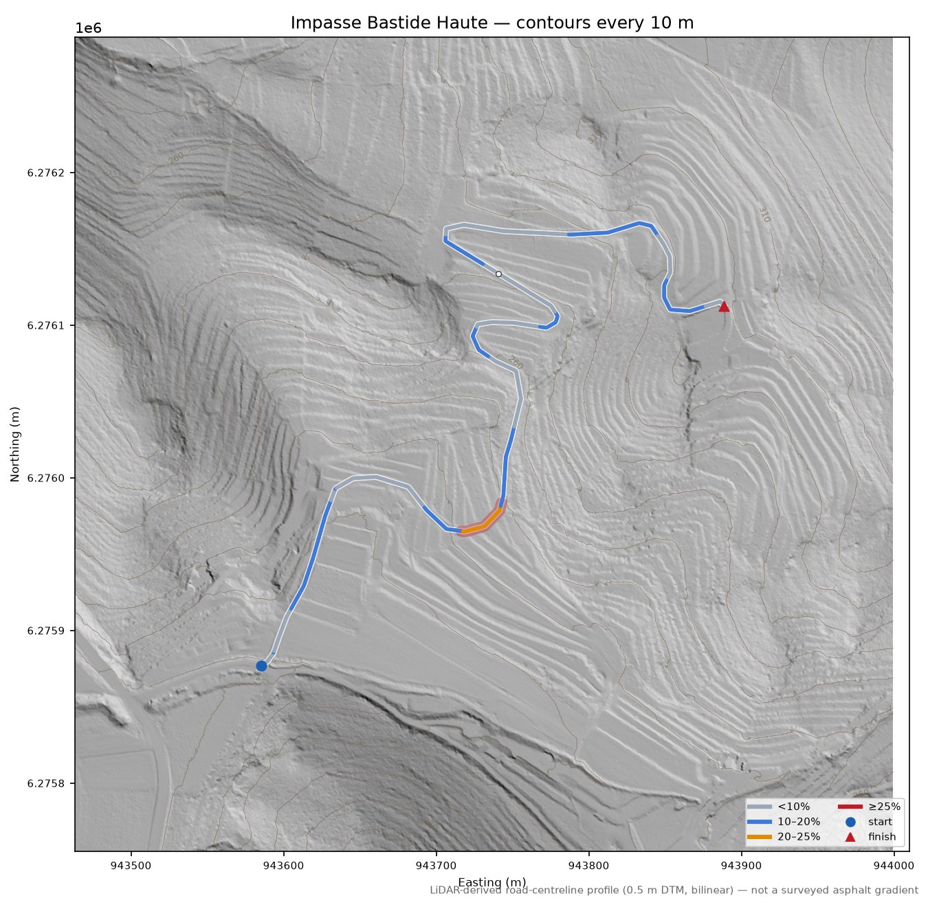 Impasse Bastide Haute LiDAR hillshade map with contours
