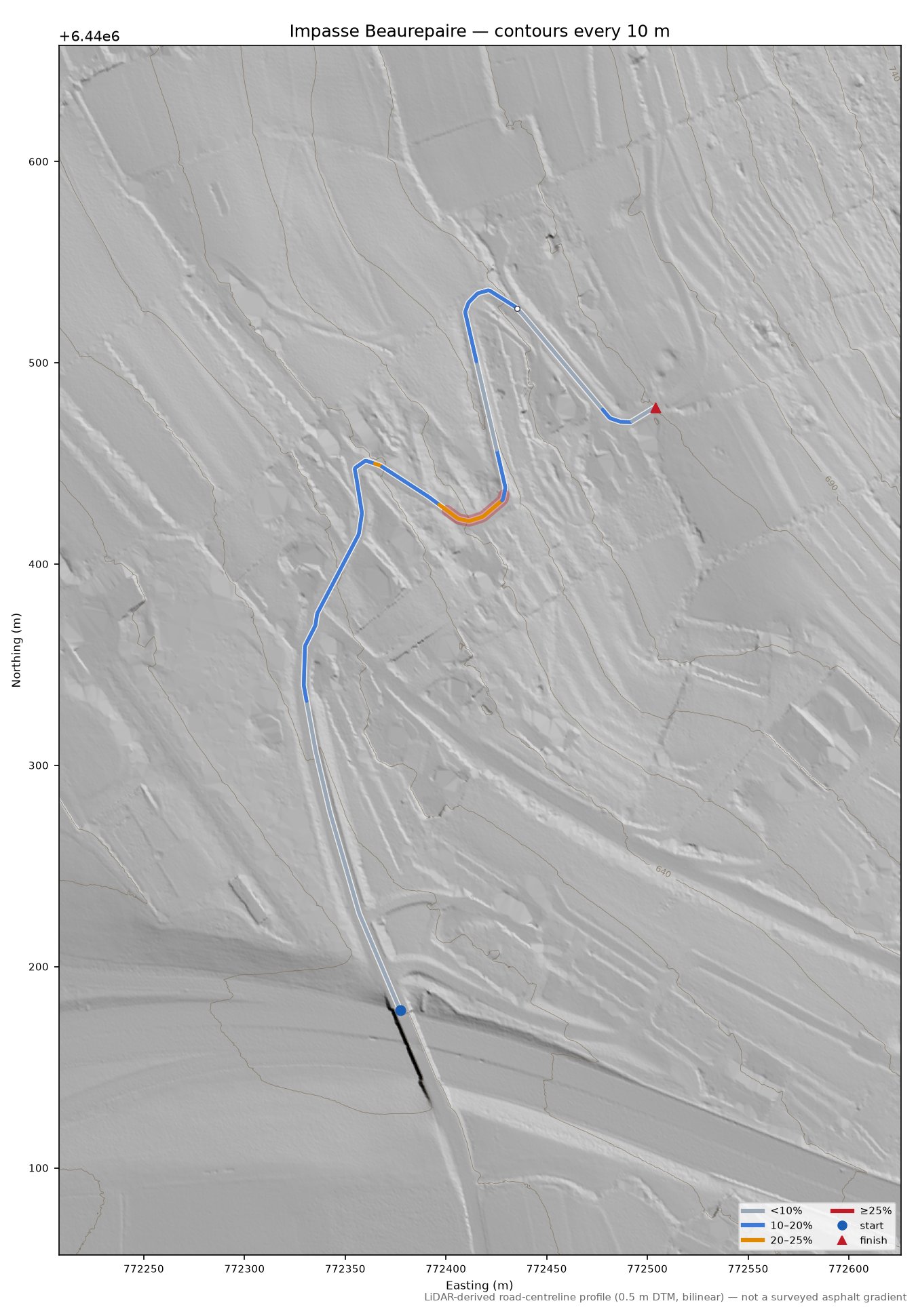 Impasse Beaurepaire LiDAR hillshade map with contours