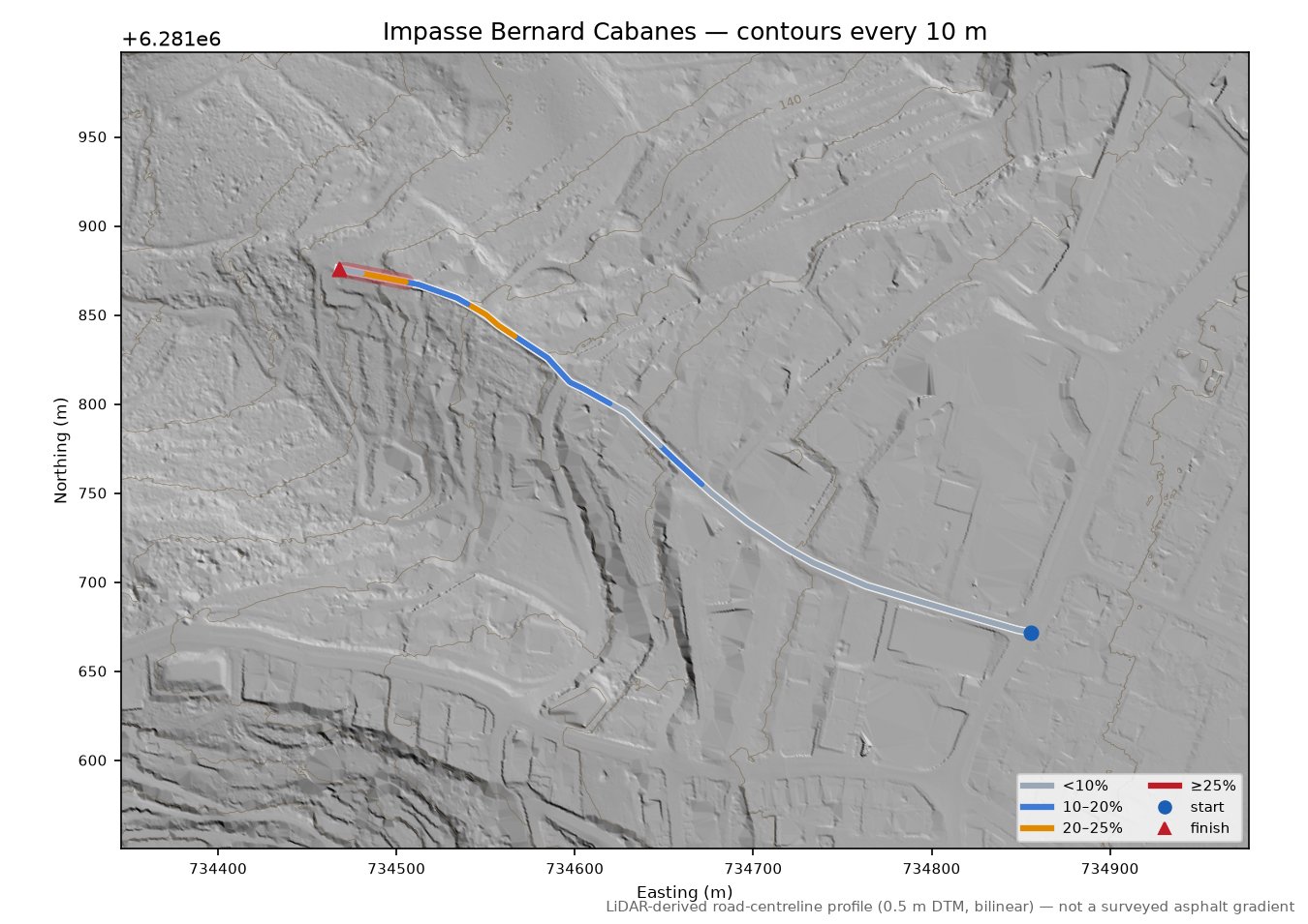 Impasse Bernard Cabanes LiDAR hillshade map with contours