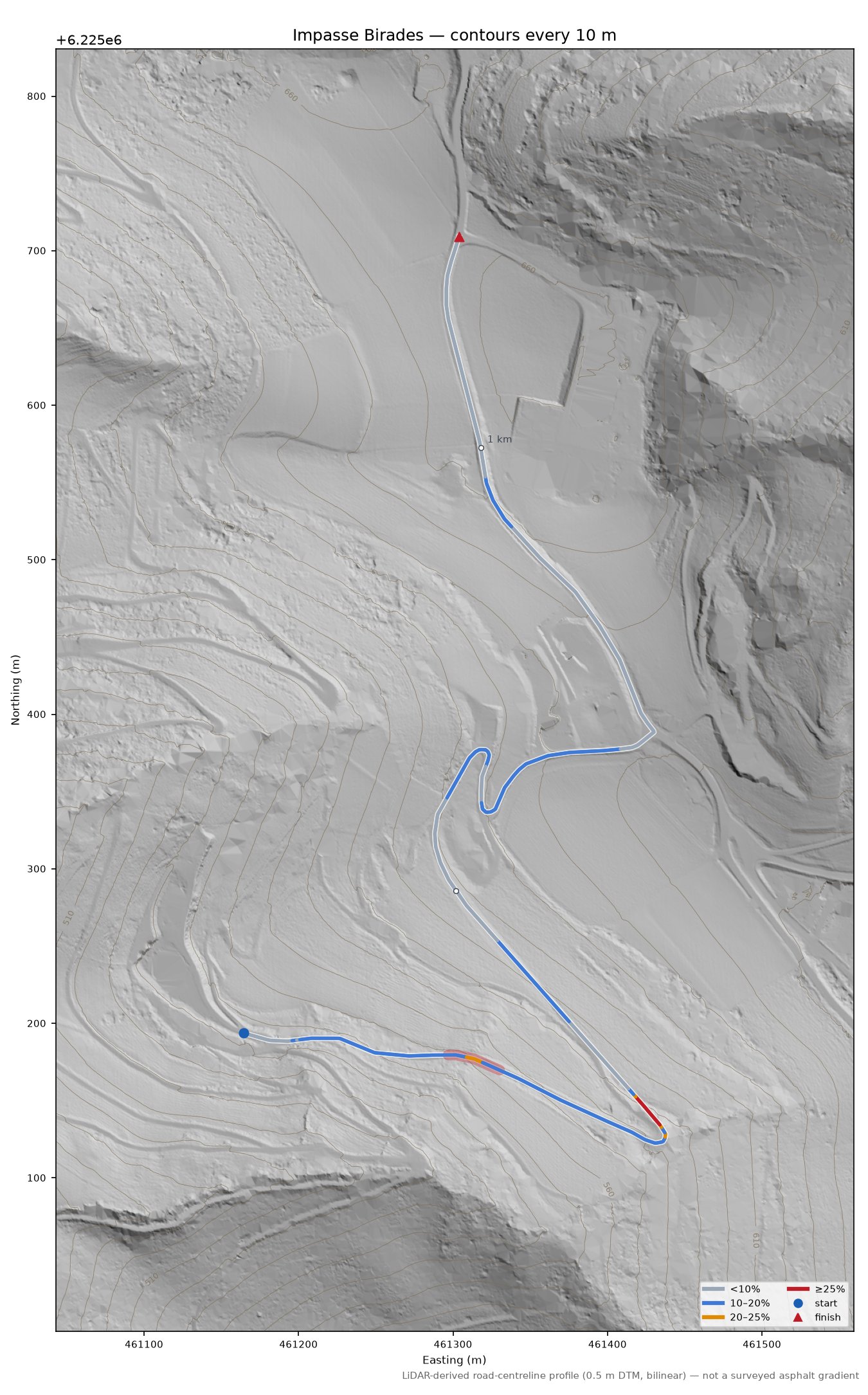 Impasse Birades LiDAR hillshade map with contours