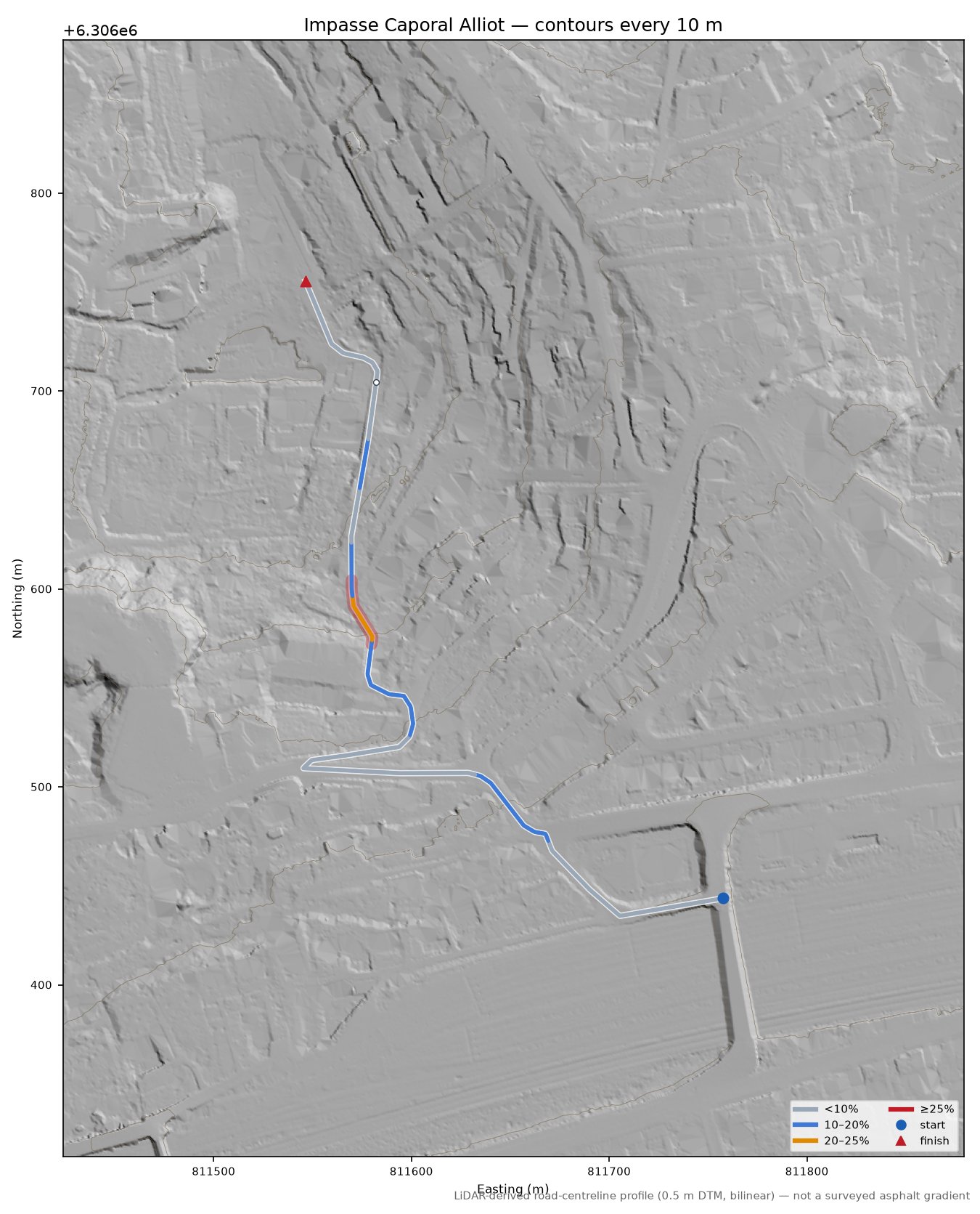 Impasse Caporal Alliot LiDAR hillshade map with contours