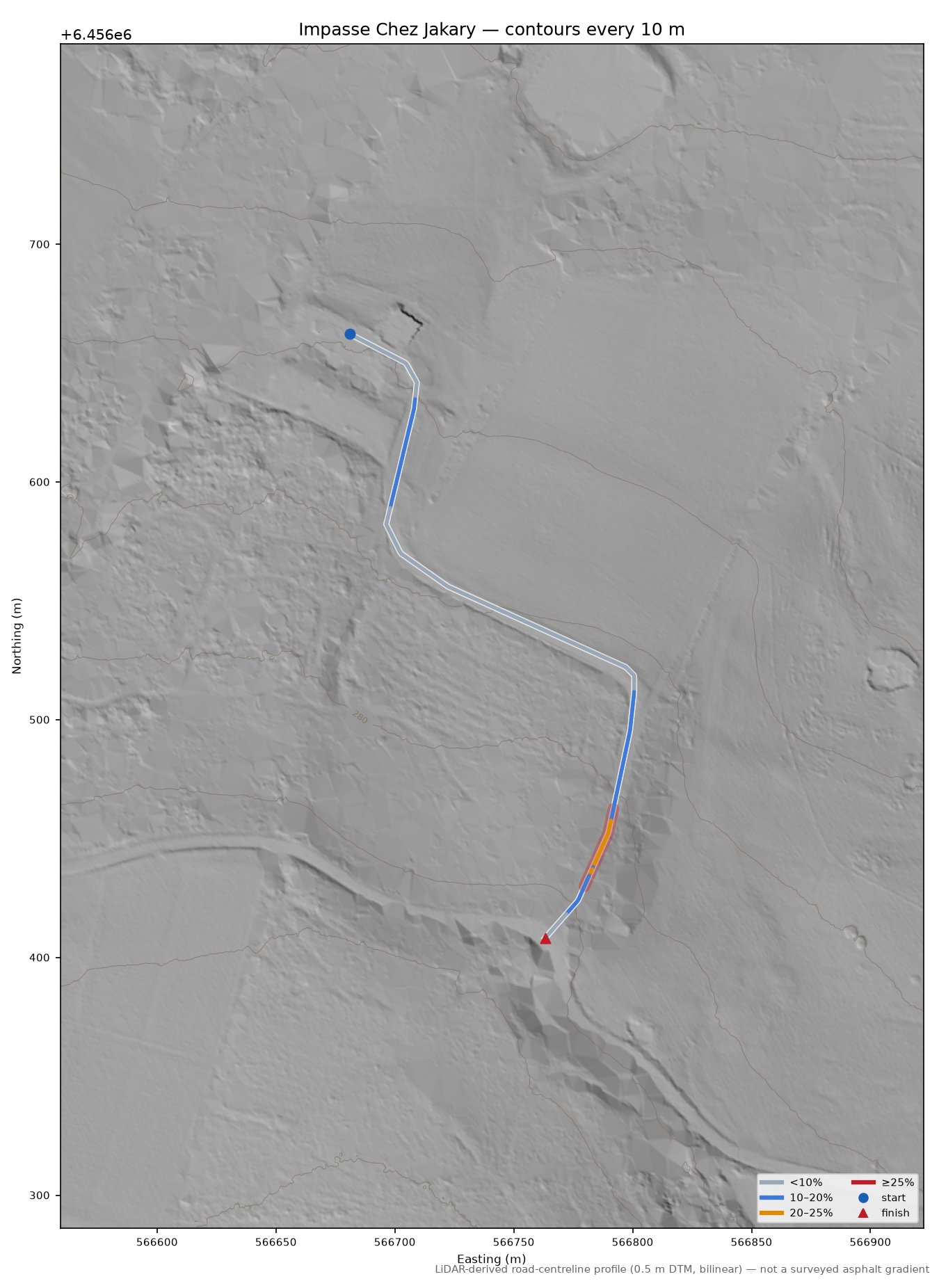 Impasse Chez Jakary LiDAR hillshade map with contours